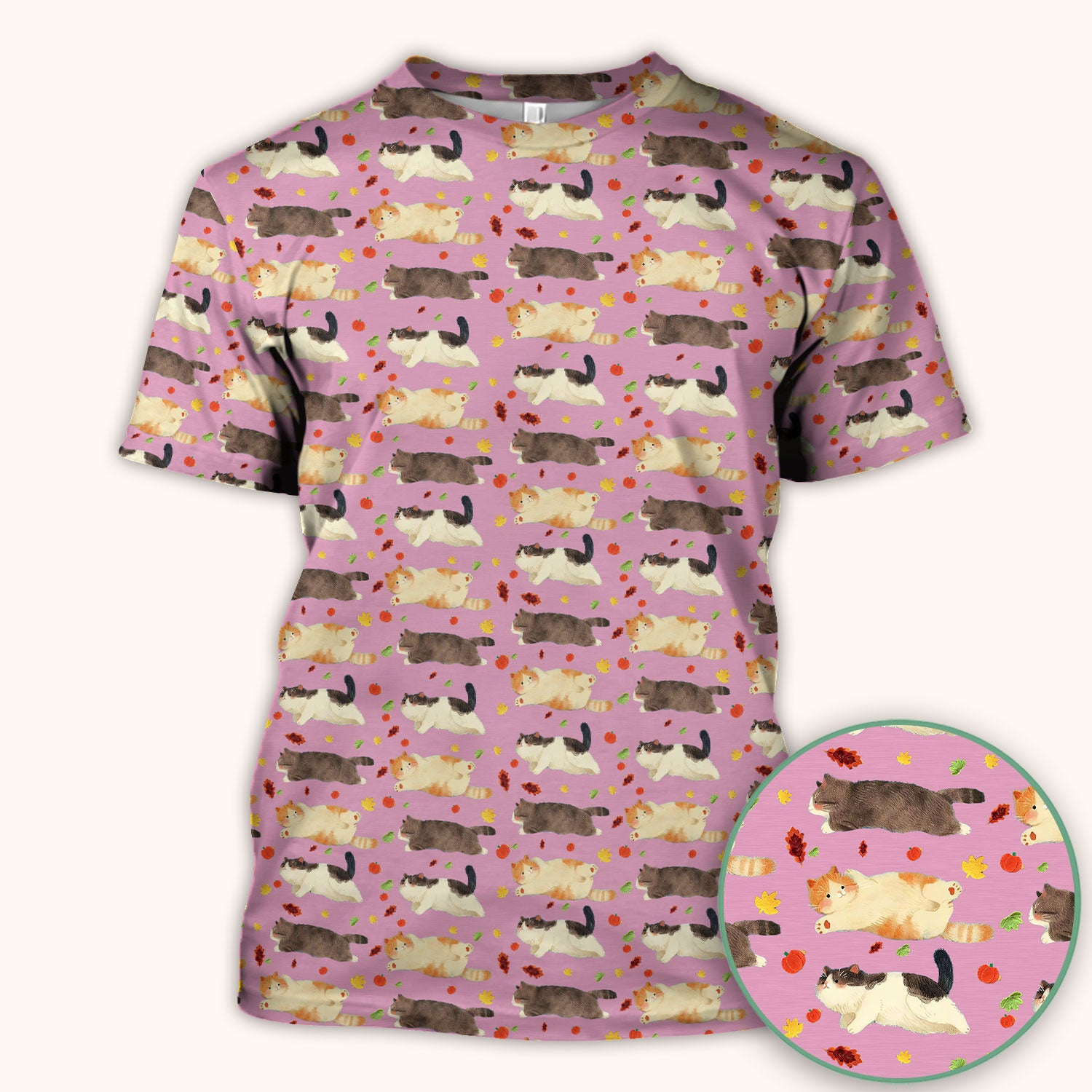 Chubby Cat Autumn Leaves Print Scrub Top, Breathable Fabrics Nursing Uniform