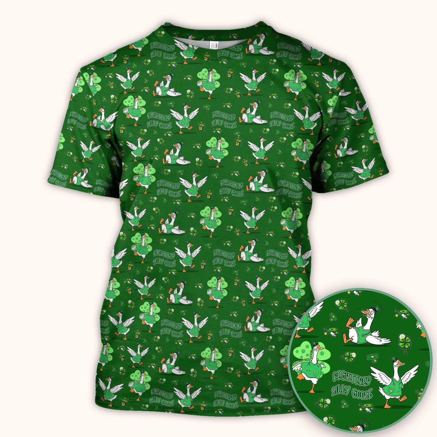 Silly Goose St. Patrick’s Day Scrub Top, Funny Goose Shamrock Pattern Nurse Scrub Shirt, Irish Green Nursing Uniform
