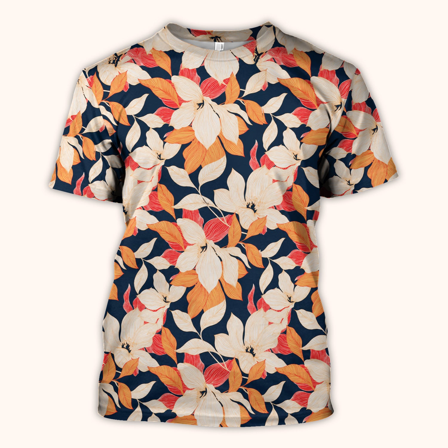 Elegant Ivory Lily Leaves Pattern Scrub Top, Comfortable Scrubs for Nurses