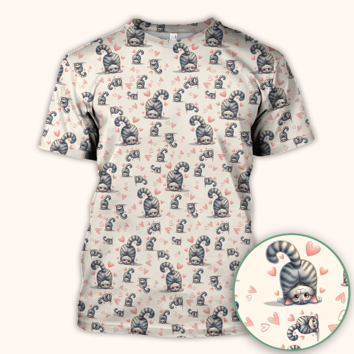 Valentine Cute Cat Scrub Top, Cat Heart Pattern Nurse Uniform, Comfortable Scrubs For Nurses