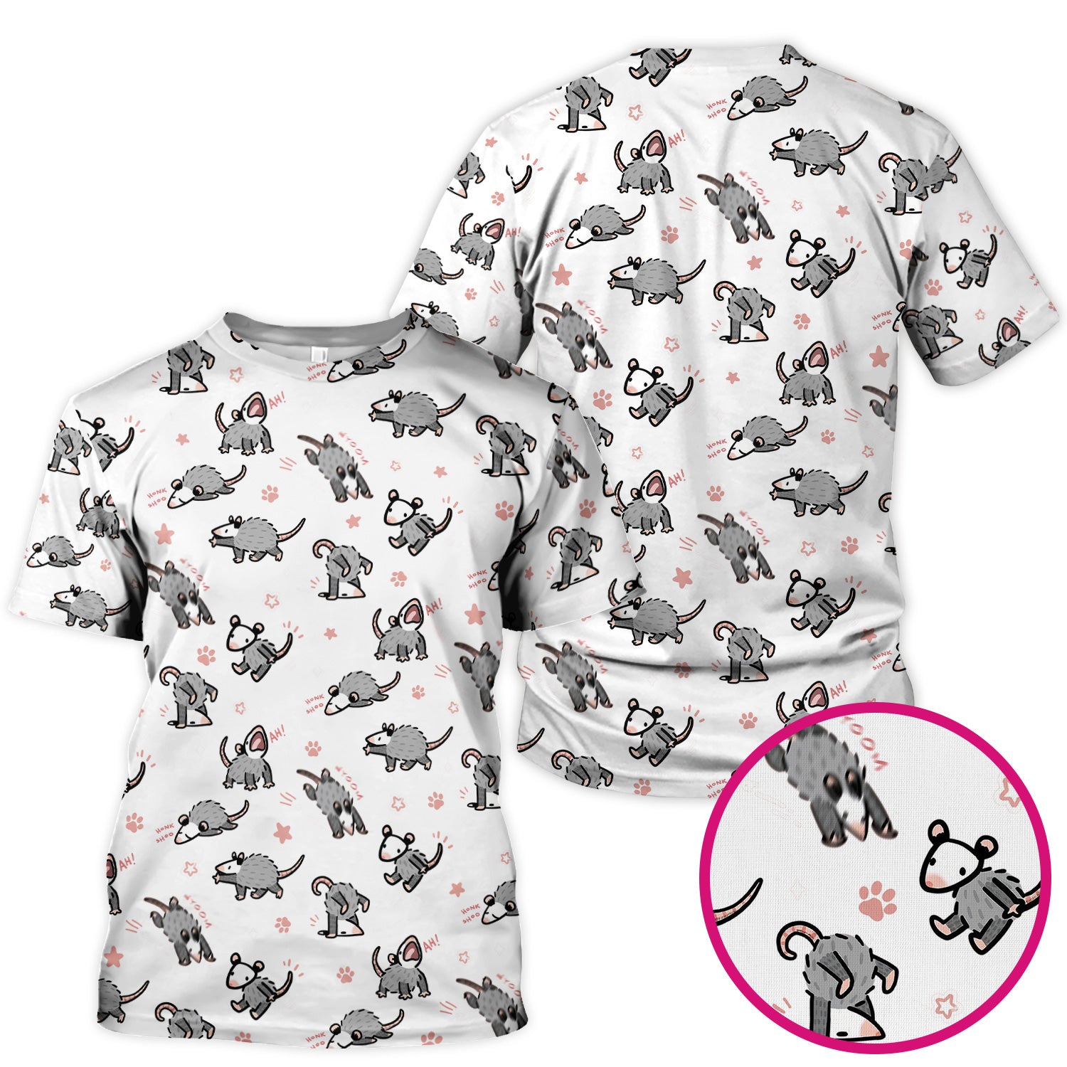 Playful Cartoon Opossum Character Pattern Scrub Top, Breathable Fabrics Nursing Uniform