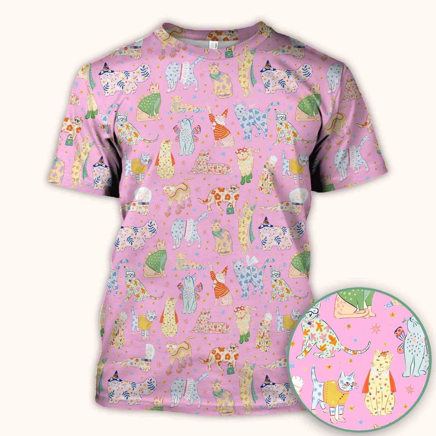 Colorful Pastel Cartoon Cats Print Scrub Top, Breathable Fabrics Nursing Uniform