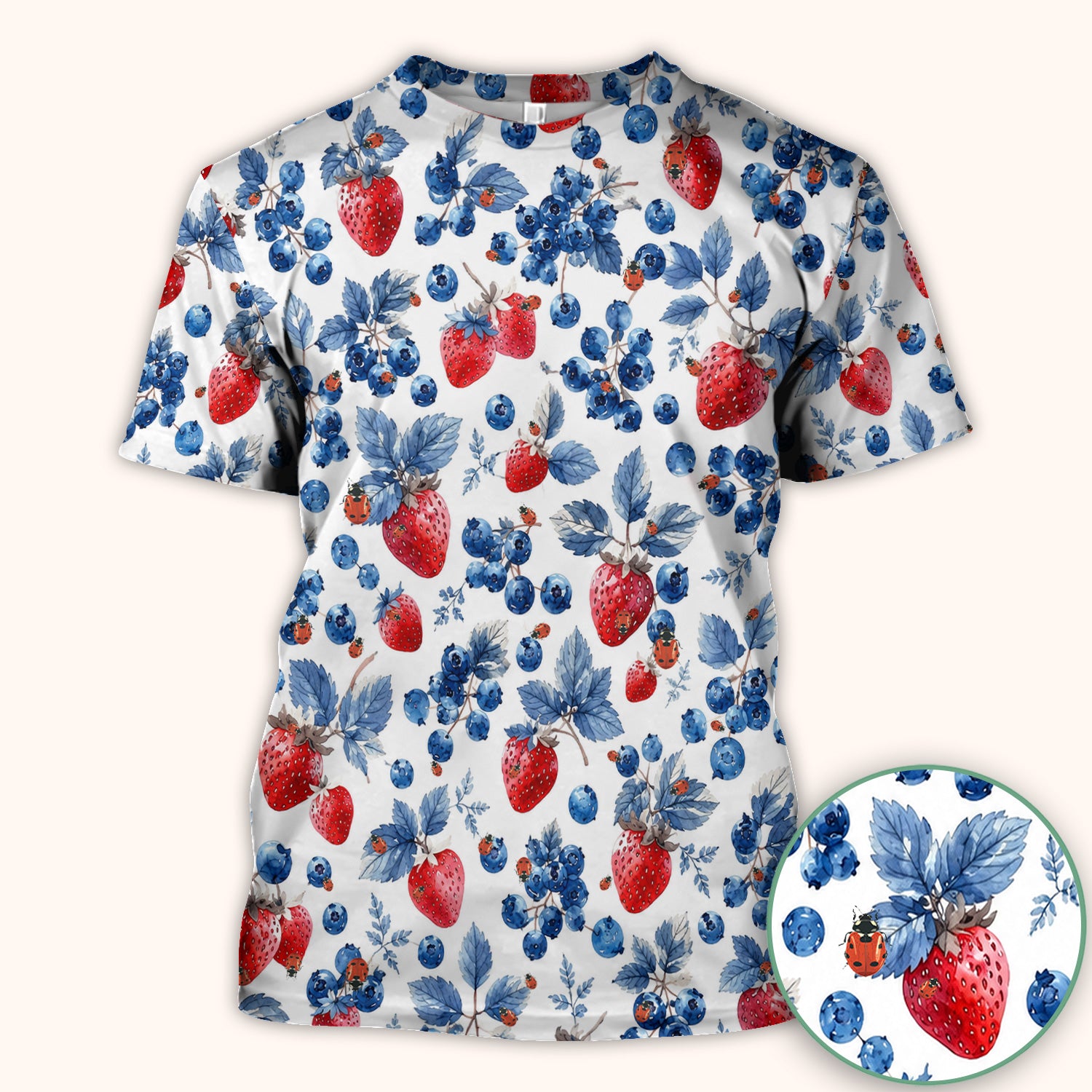 Cute Strawberry Blueberry Ladybug Pattern Scrub Top, Comfortable Scrubs for Nurses