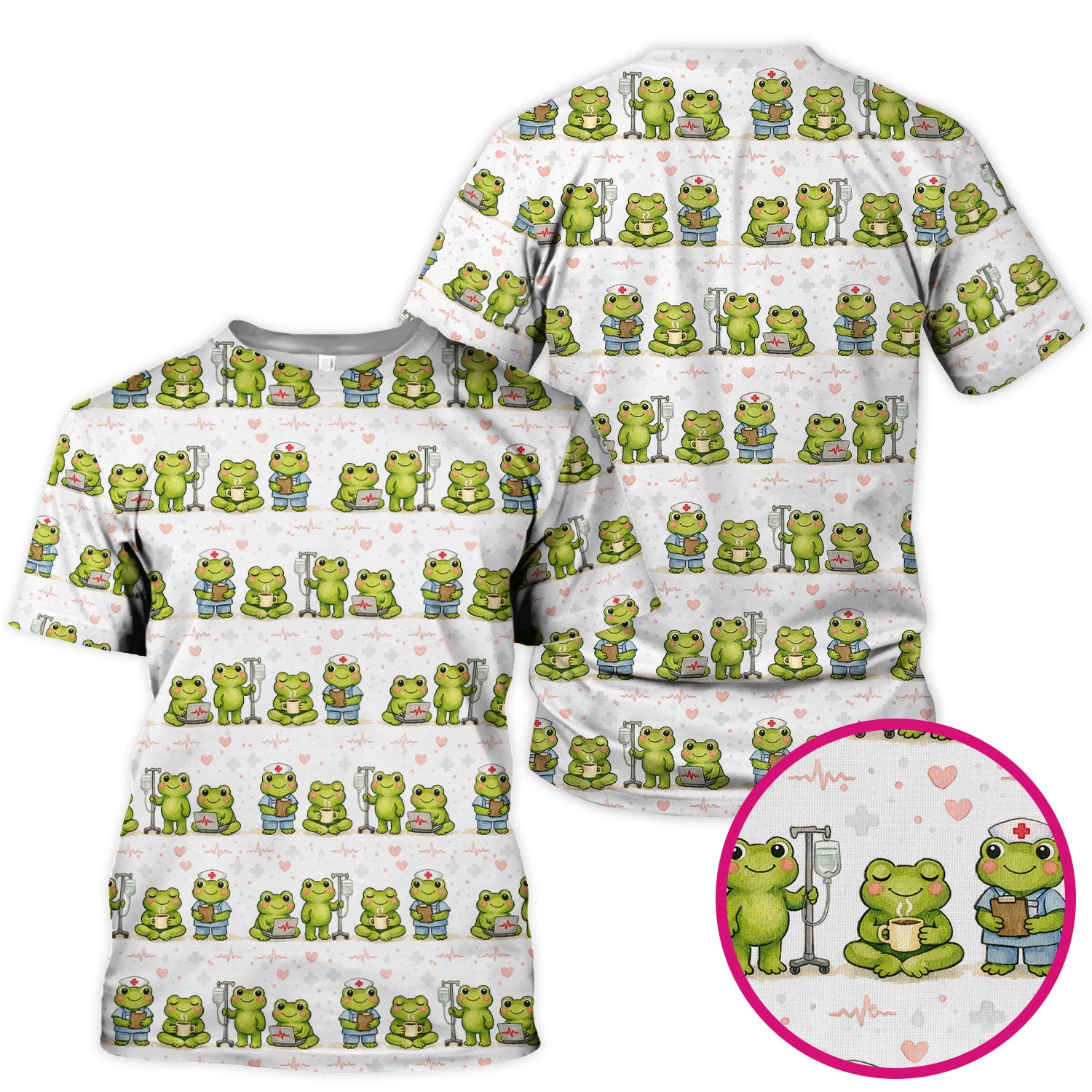 Adorable Frog Nurse Various Poses Print Scrub Top, Comfortable Scrubs for Nurses
