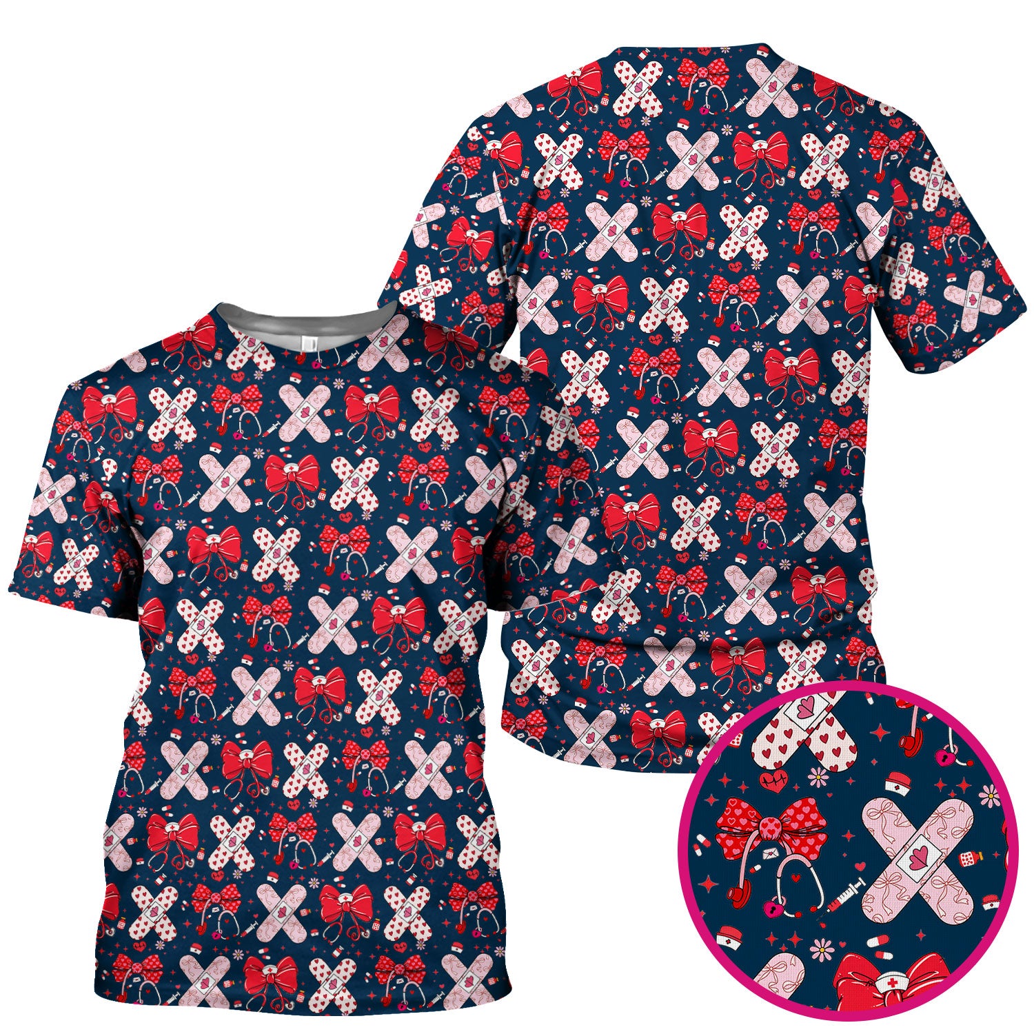 Valentine Nurse Scrub Top, Red Bow And Heart Bandage Pattern Medical Shirt, Breathable Fabrics Nursing Uniform