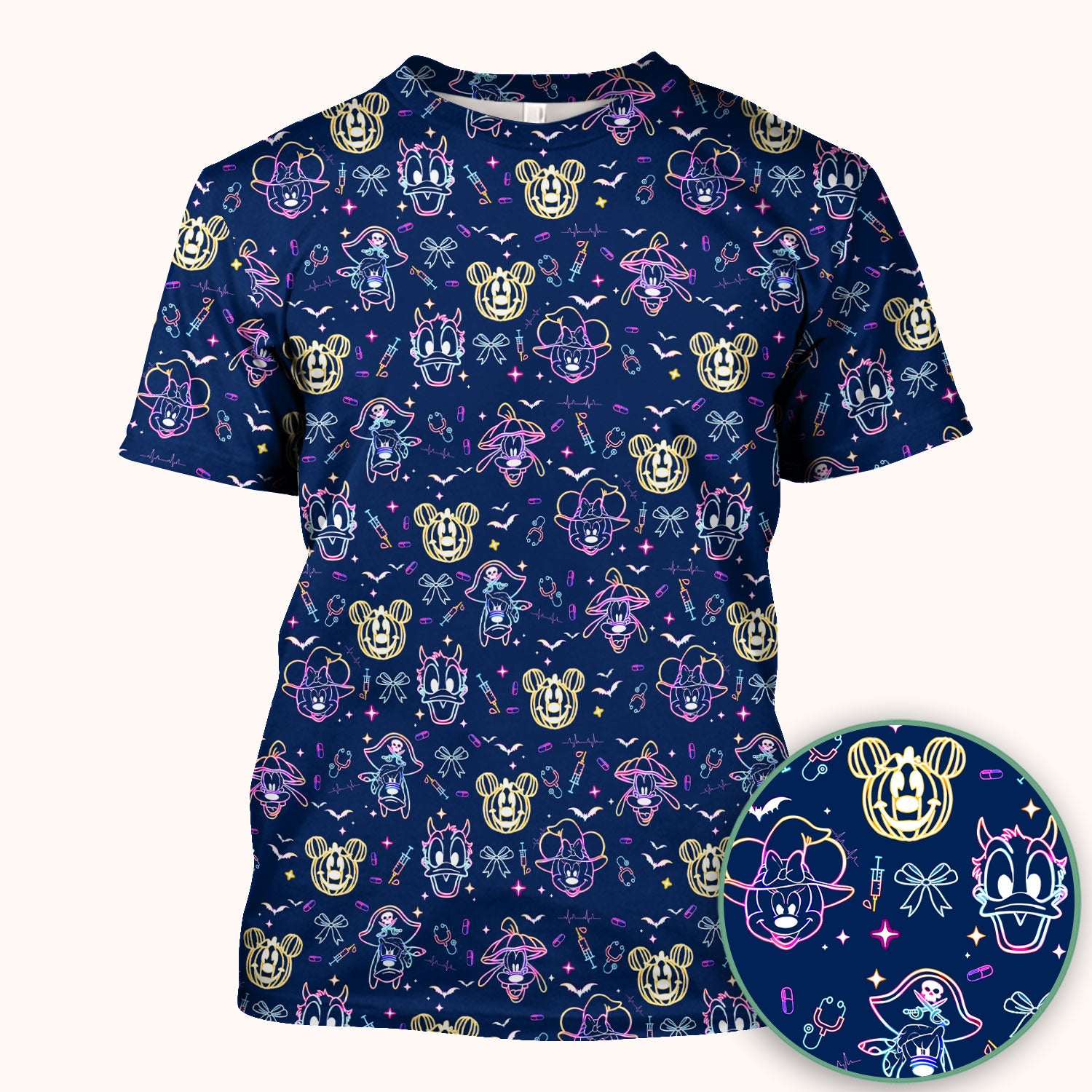 Neon Mouse Halloween Scrub Top for Nurses - Spooky Faces and Scary Pumpkin Shirt - Funny Med Uniform Gift for Women