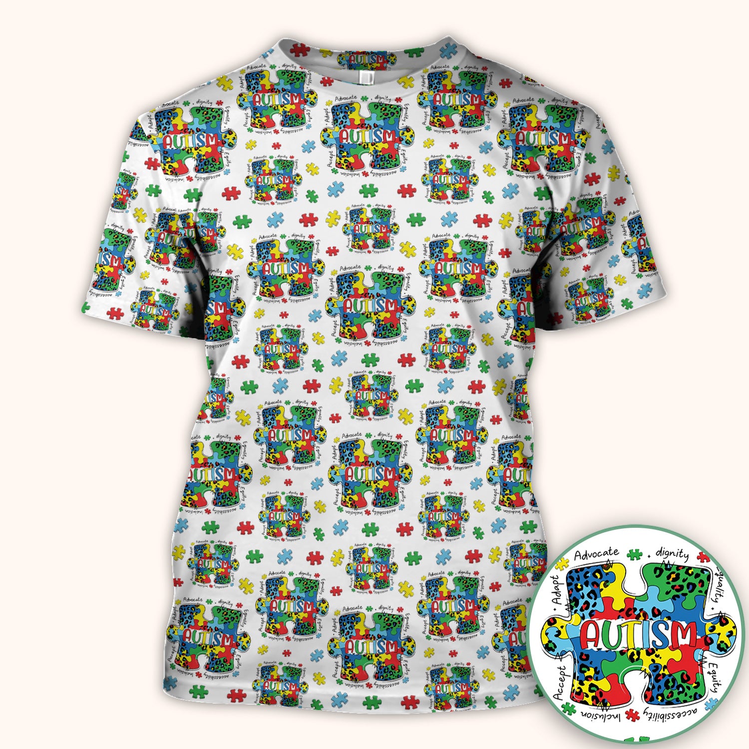 Autism Awareness Puzzle Pattern Scrub Top, Breathable Fabrics Nursing Uniform