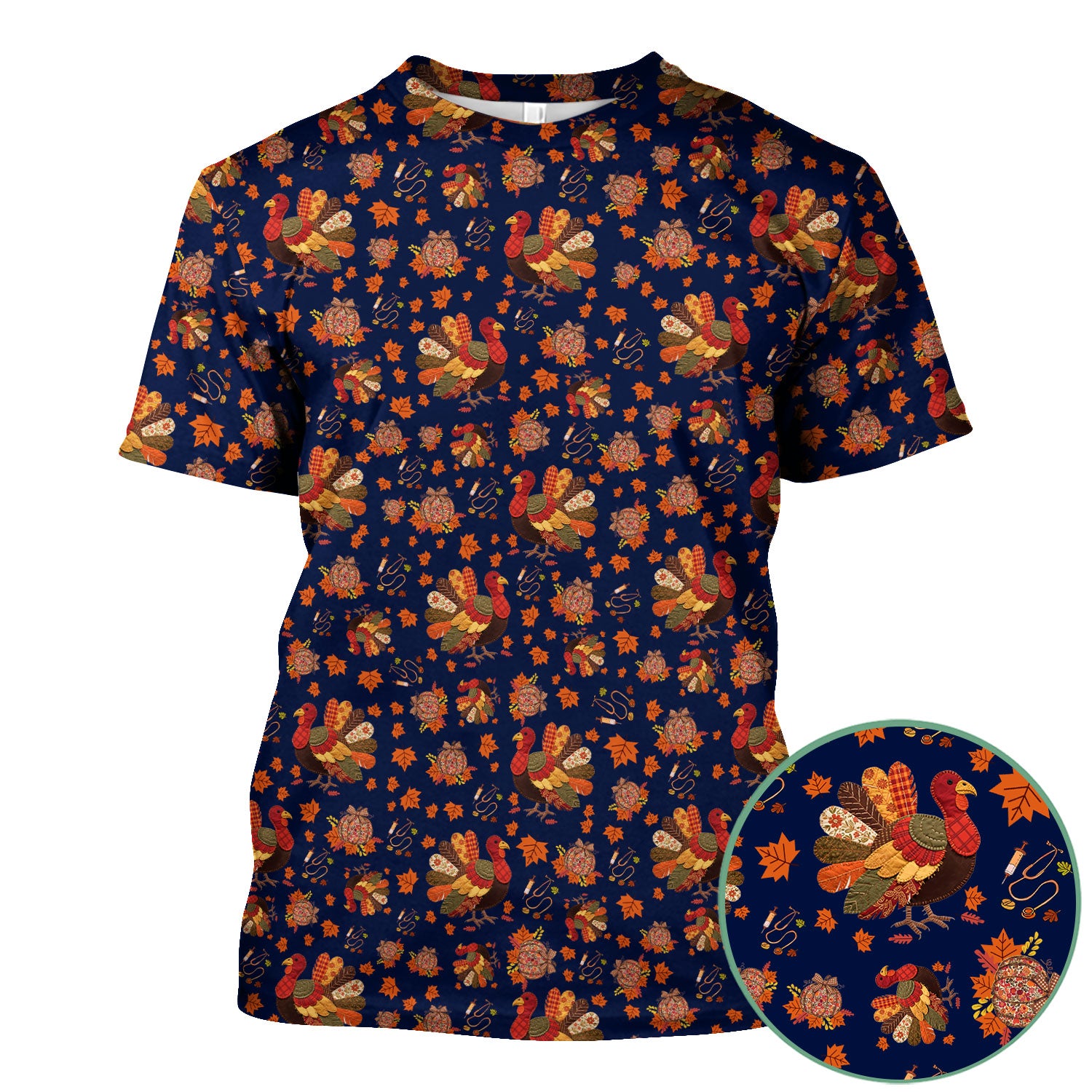 Thanksgiving Turkey Nurse Scrub Top for Women - Fall Leaves Pattern Shirts - Autumn Nursing Uniform Gift for RN LPN CNA