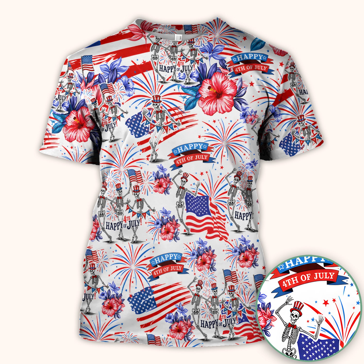 Funny 4th Of July Skeleton Nurse for RN & CNA, Patriotic Fireworks Medical Uniform Scrub Top, Comfortable Scrubs for Nurses