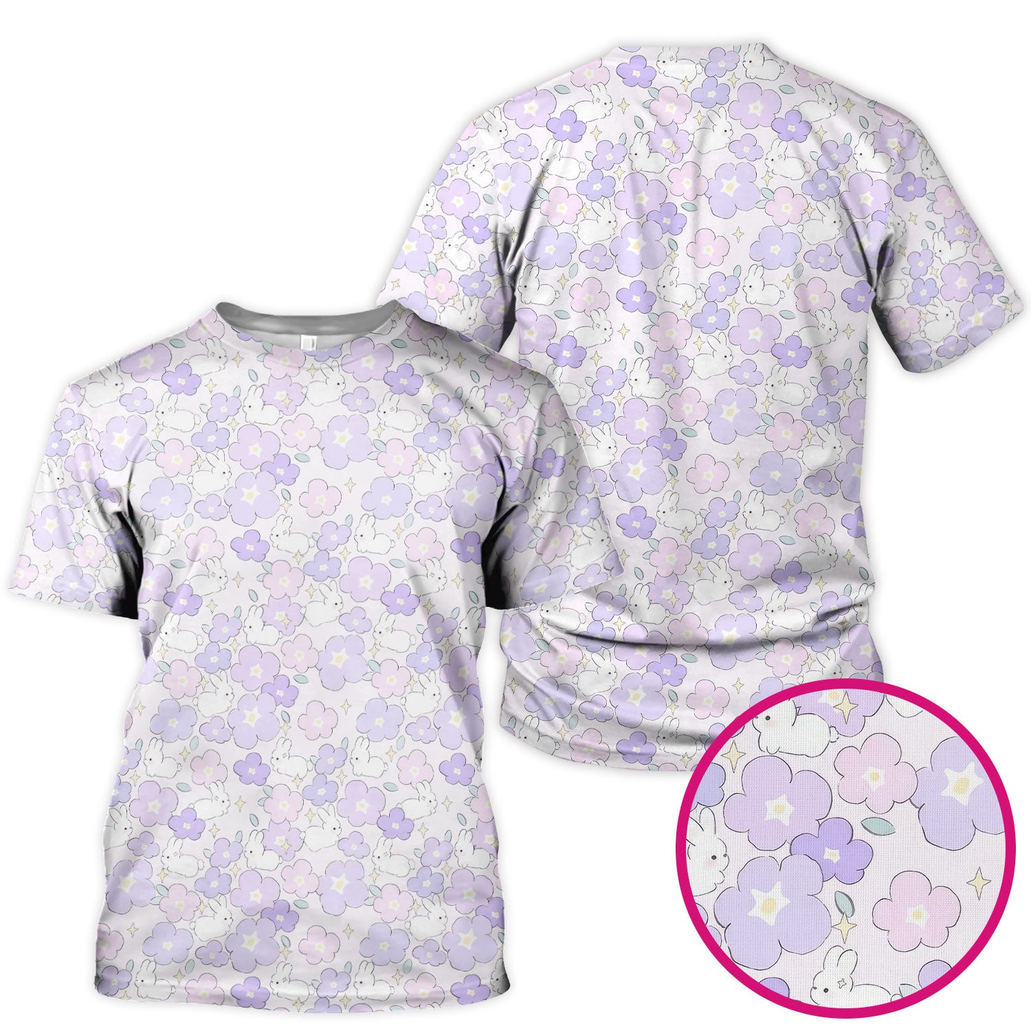 Cute Bunny Floral Pastel Pattern Scrub Top, Breathable Fabrics Nursing Uniform