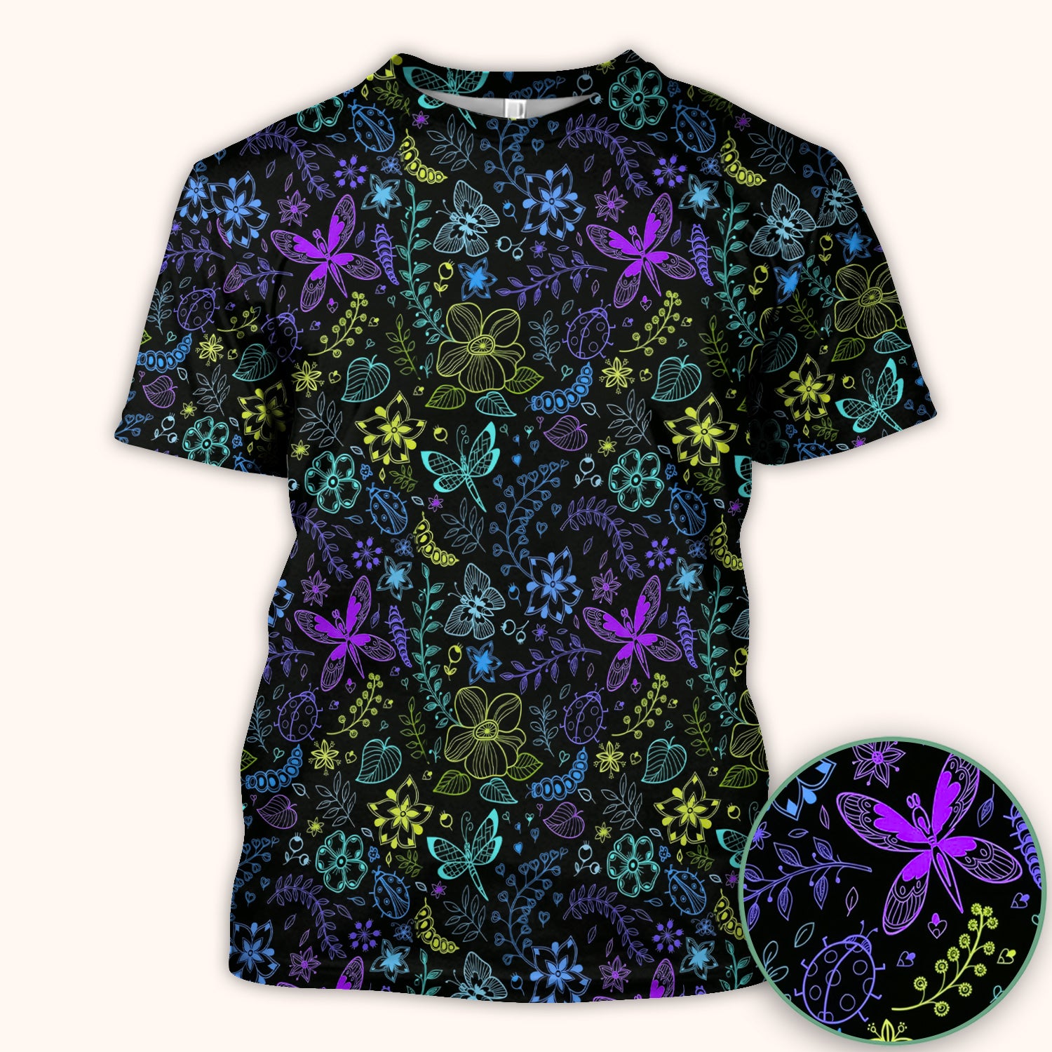 Neon Butterfly and Floral Garden Pattern Scrub Top, Comfortable Scrubs for Nurses