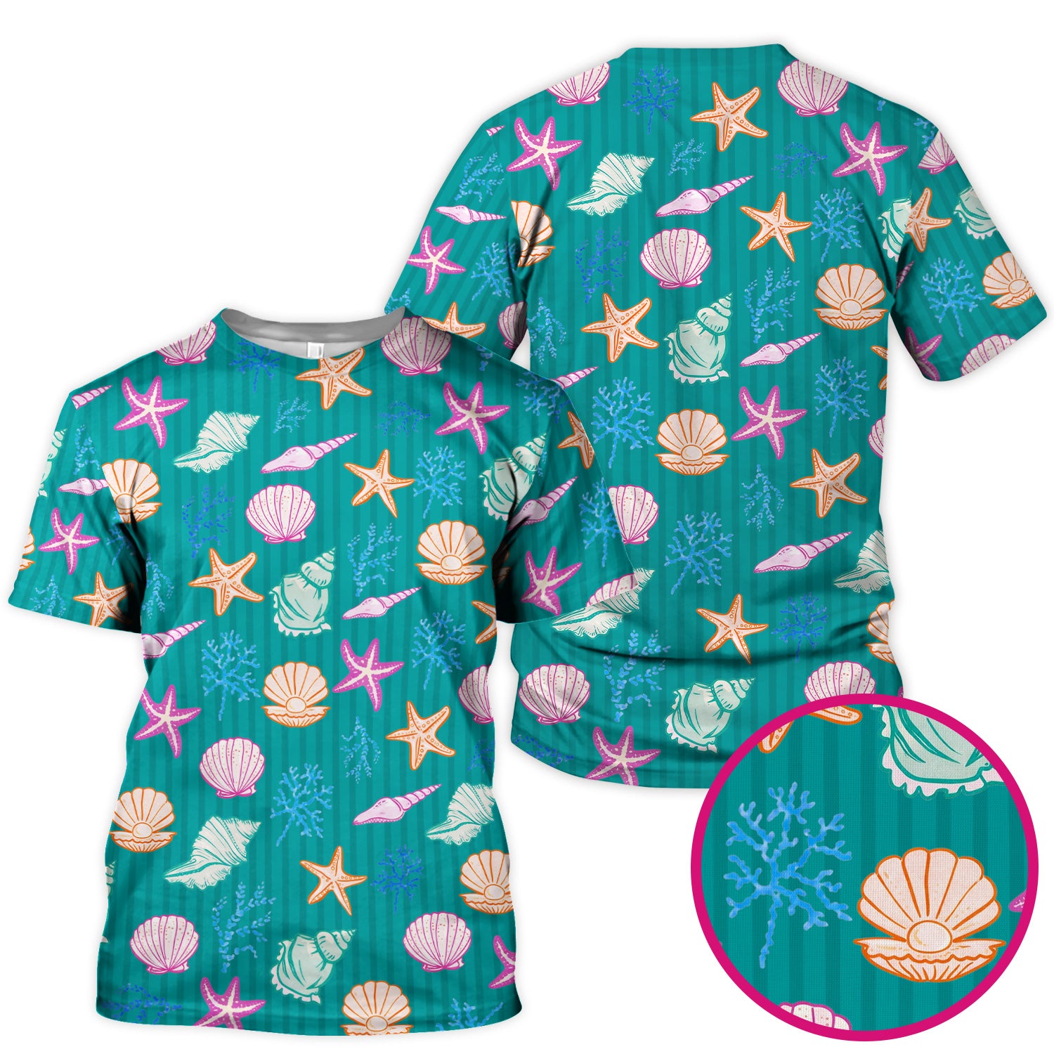 Colorful Seashell Starfish Ocean Stripe Pattern Scrub Top, Breathable Fabrics Nursing Uniform