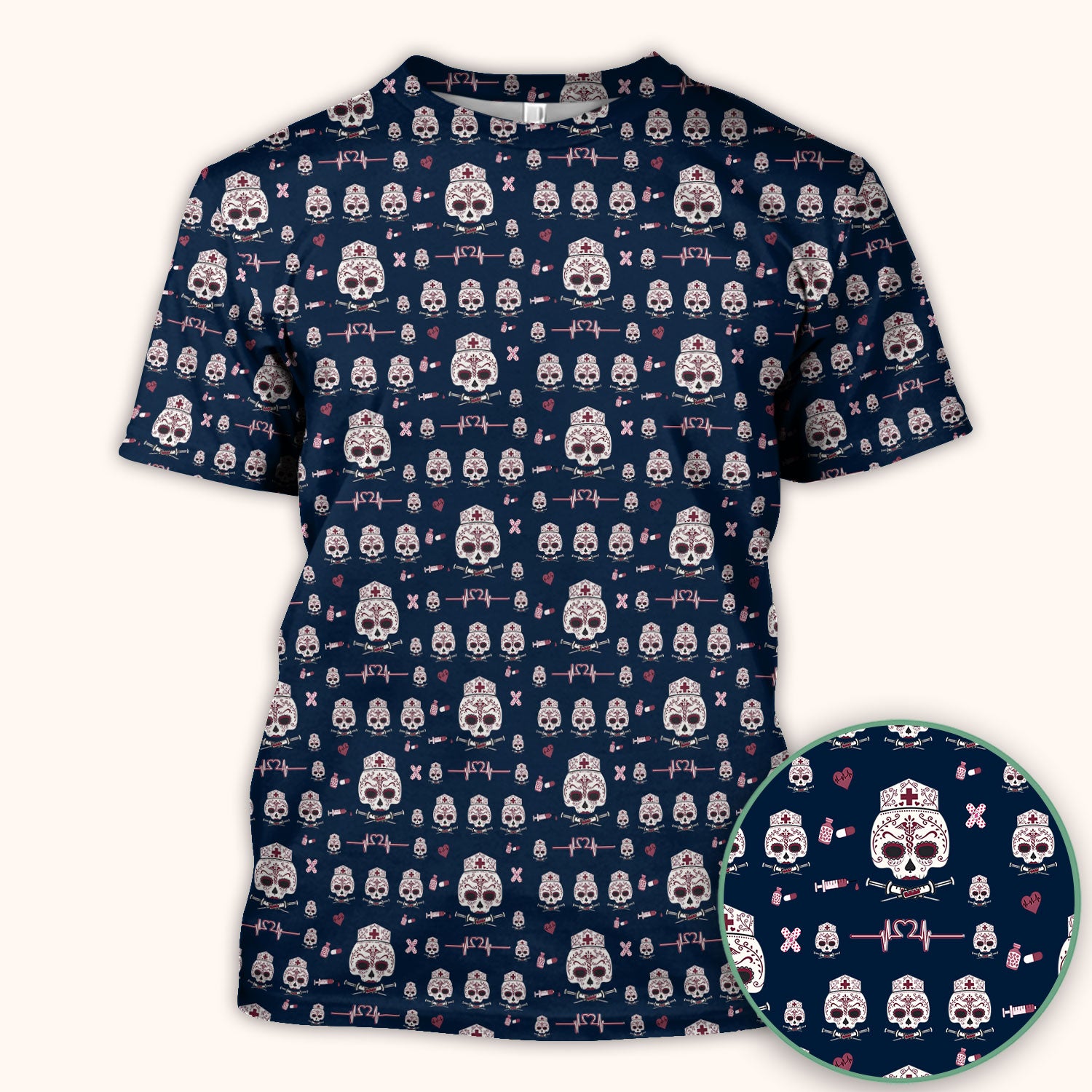 Sugar Skull Scrub Top, Skull Pattern Scrub Shirt, Breathable Fabrics Nursing Uniform