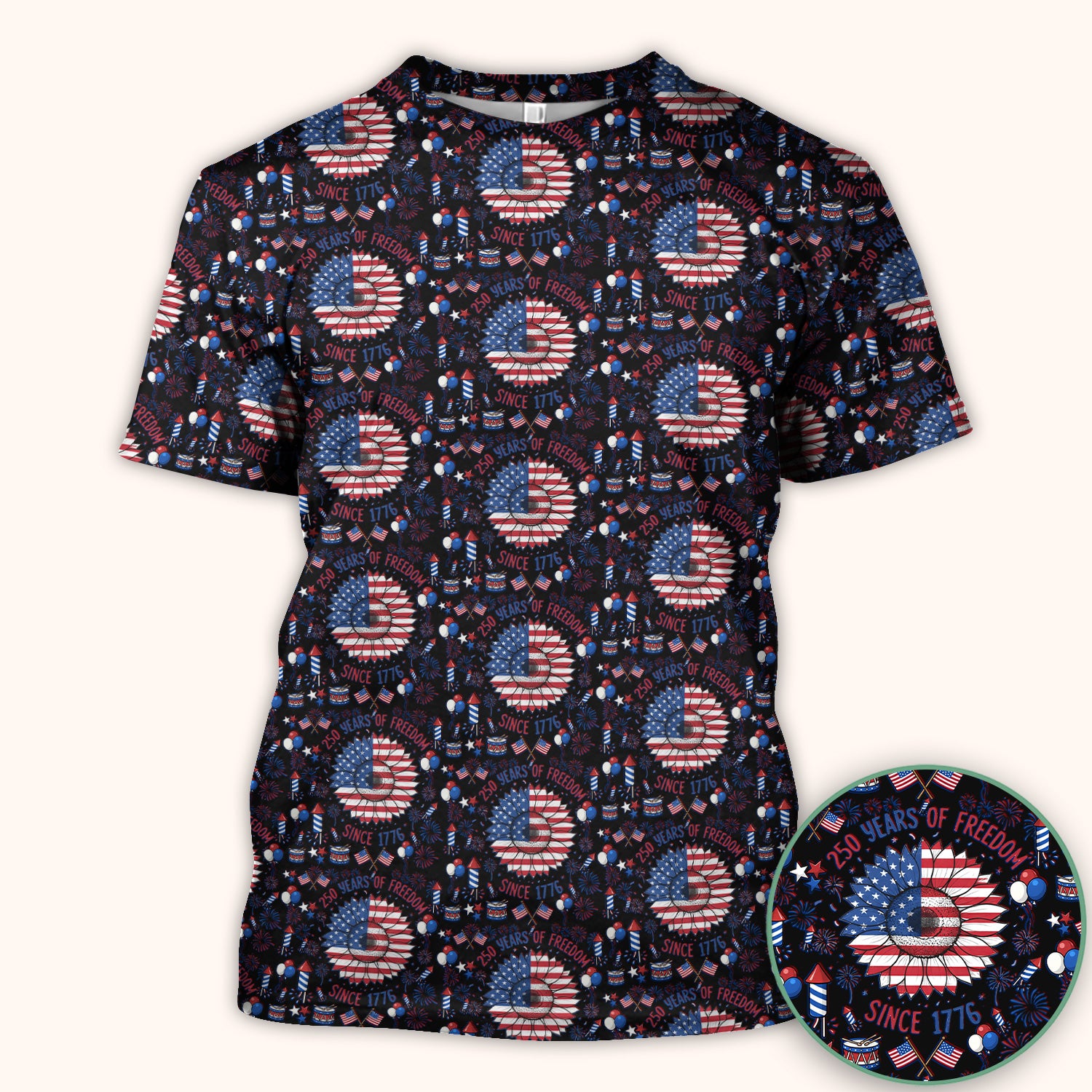 Festive Patriotic Sunflower American Flag Fireworks Pattern Scrub Top, Comfortable Scrubs for Nurses