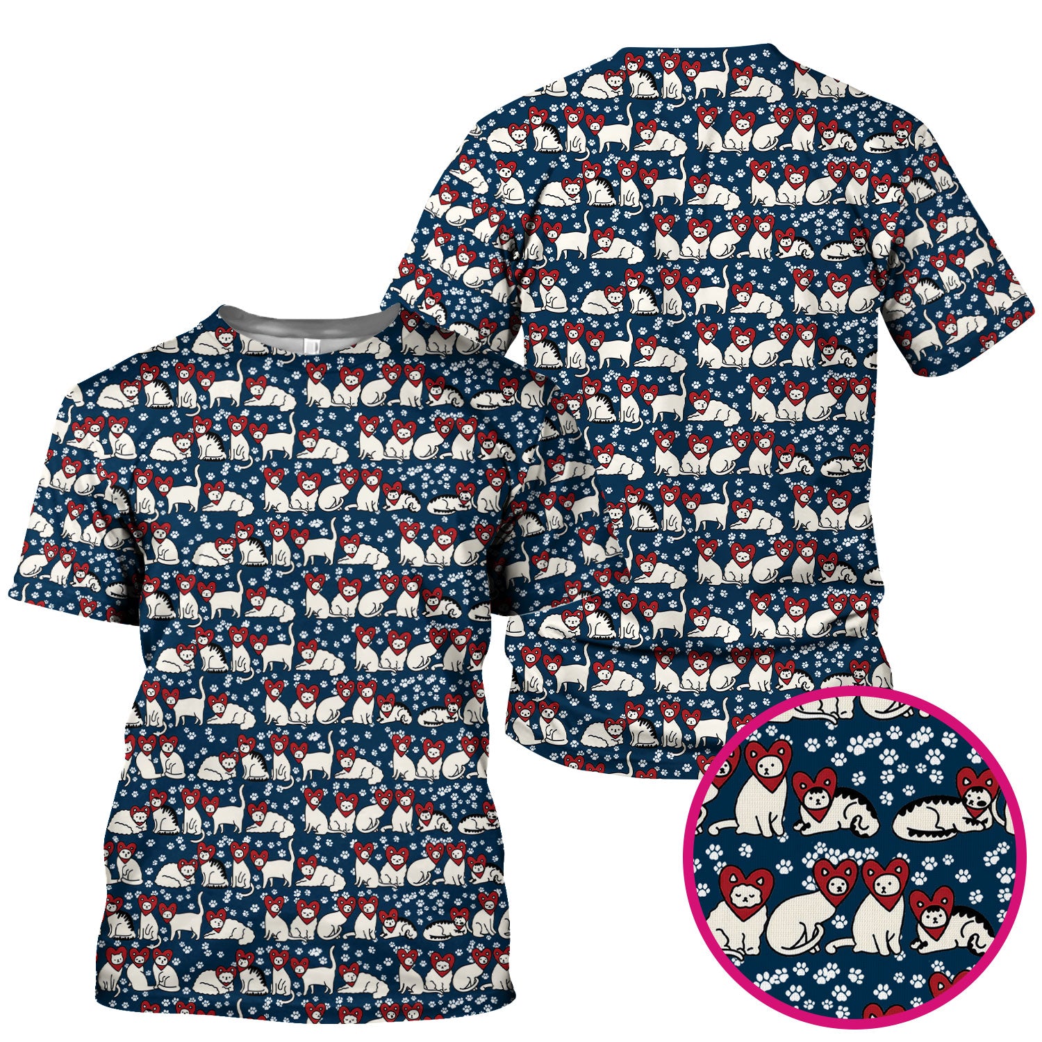 Cute Cat Heart Pattern Scrub Top, Funny Cat Scrub Shirt For Nurses, Breathable Fabrics Nursing Uniform