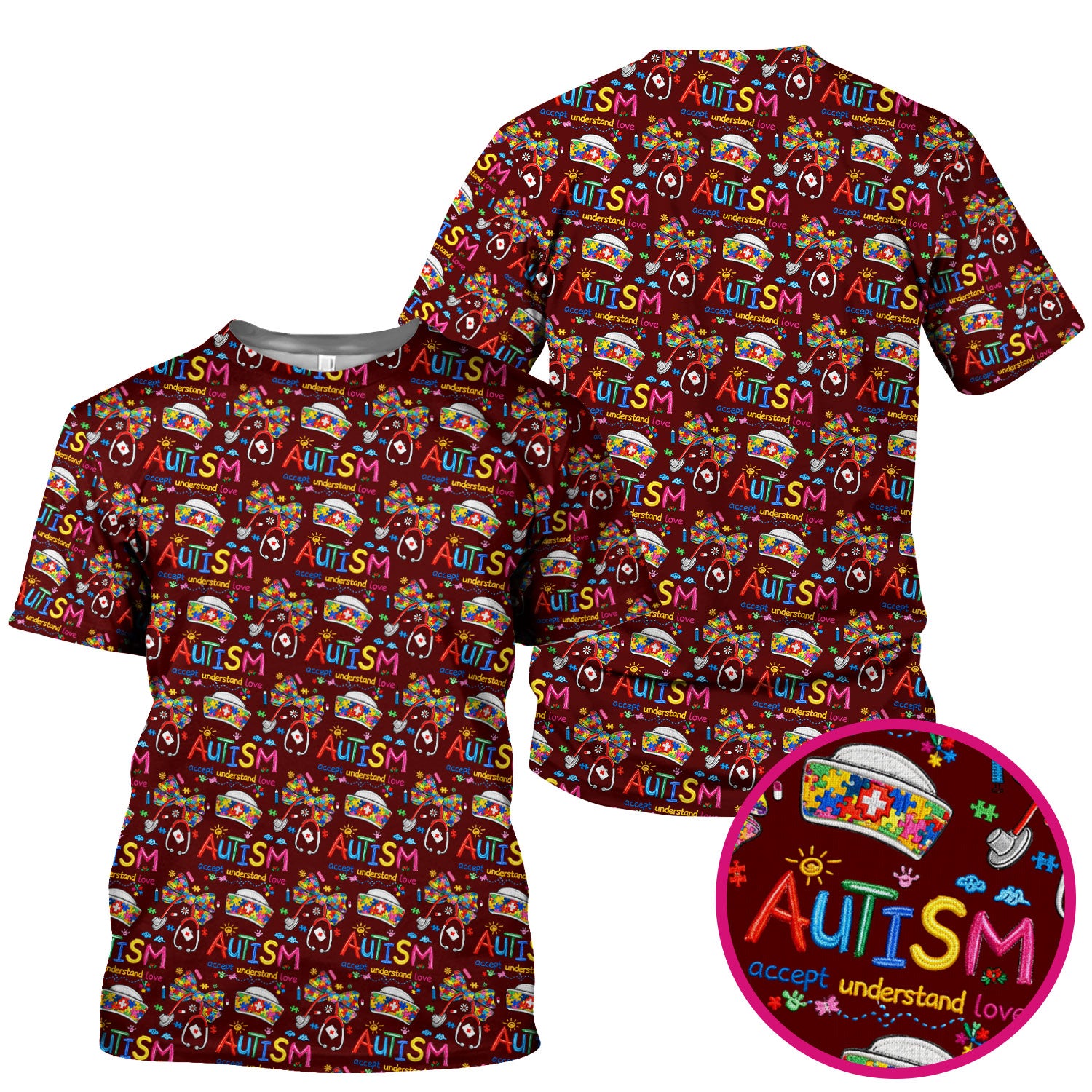 Autism Awareness Pattern Nurse Scrub Top, Accept Understand Love Puzzle Nurses Shirt, Breathable Fabrics Nursing Uniform