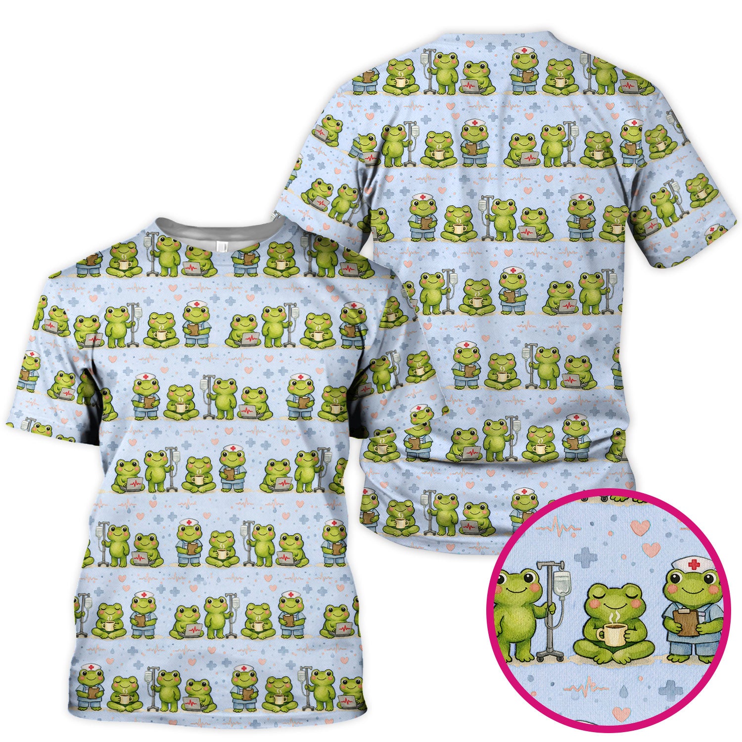 Adorable Frog Nurse Various Poses Print Scrub Top, Comfortable Scrubs for Nurses