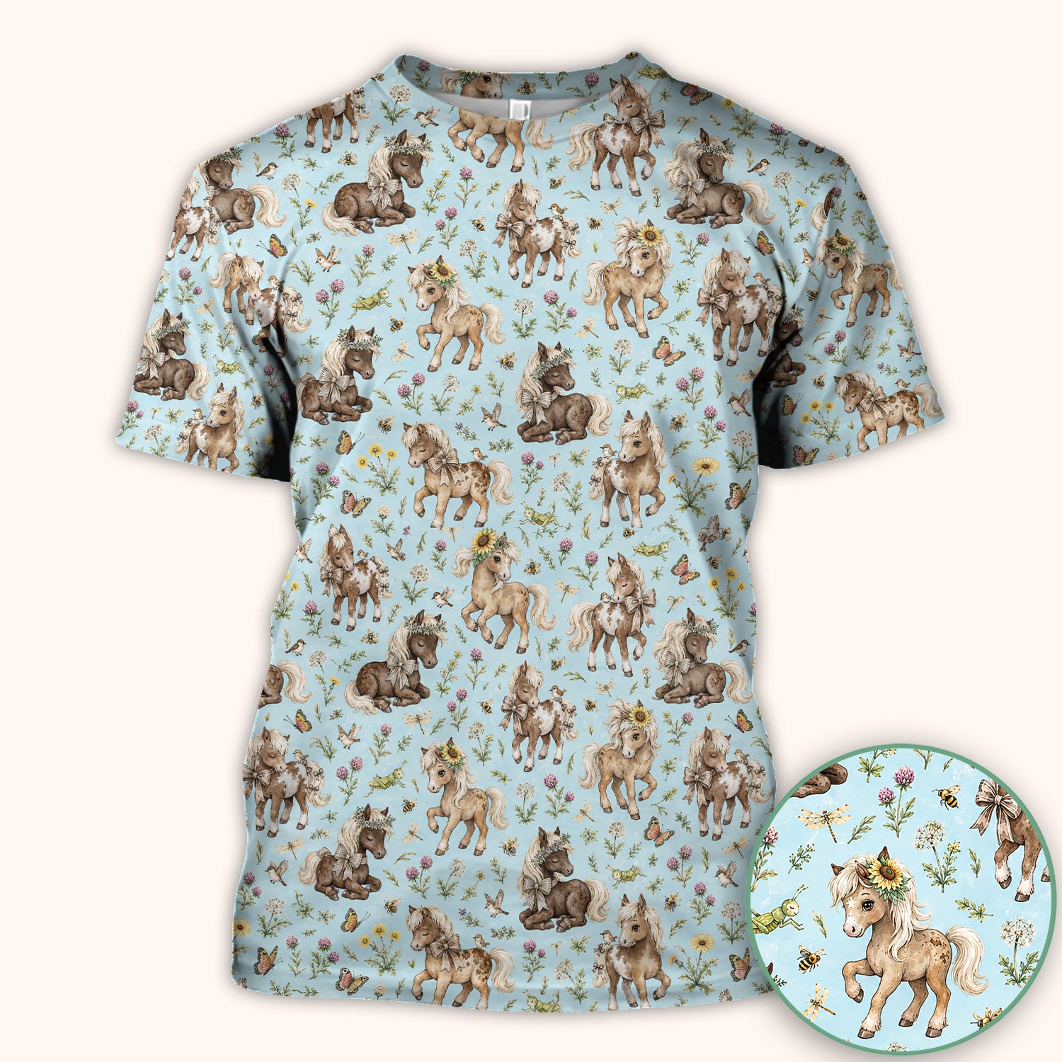 Cute Pony Garden with Butterfly Floral Meadow Print Scrub Top, Comfortable Scrubs for Nurses