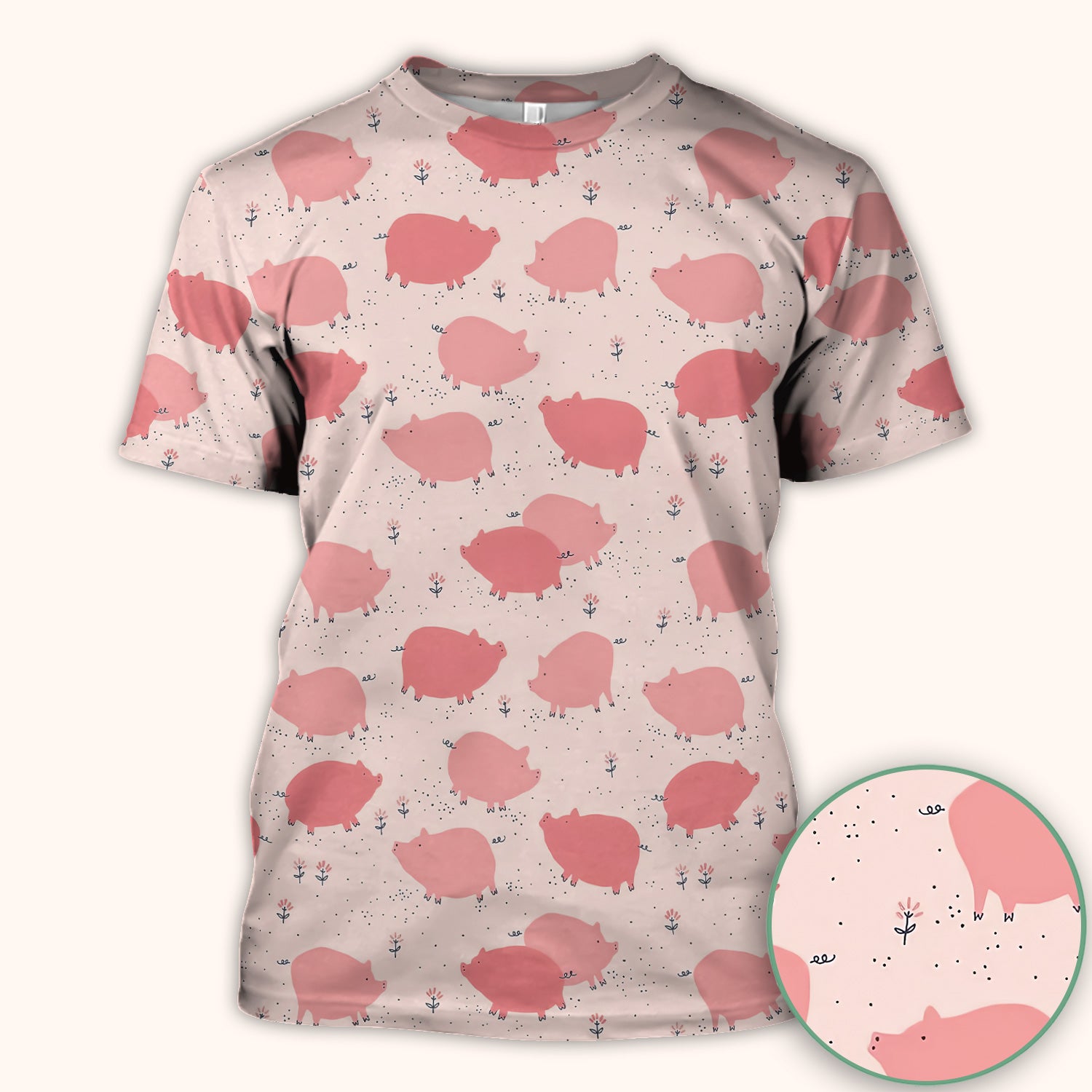 Pink Pig Farm Pattern Scrub Top, Comfortable Scrubs for Nurses