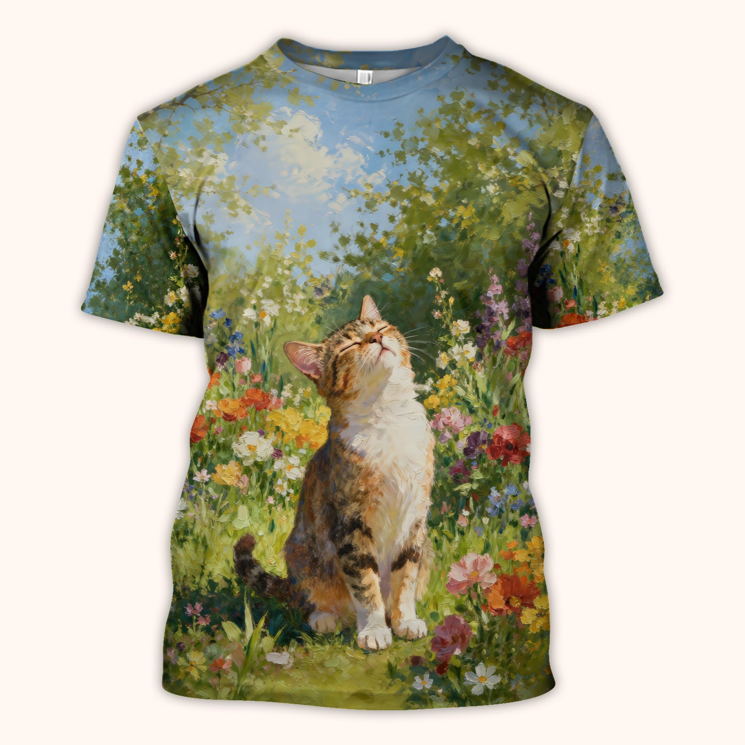 Whimsical Garden Cat Blossom Pattern Scrub Top, Comfortable Scrubs for Nurses