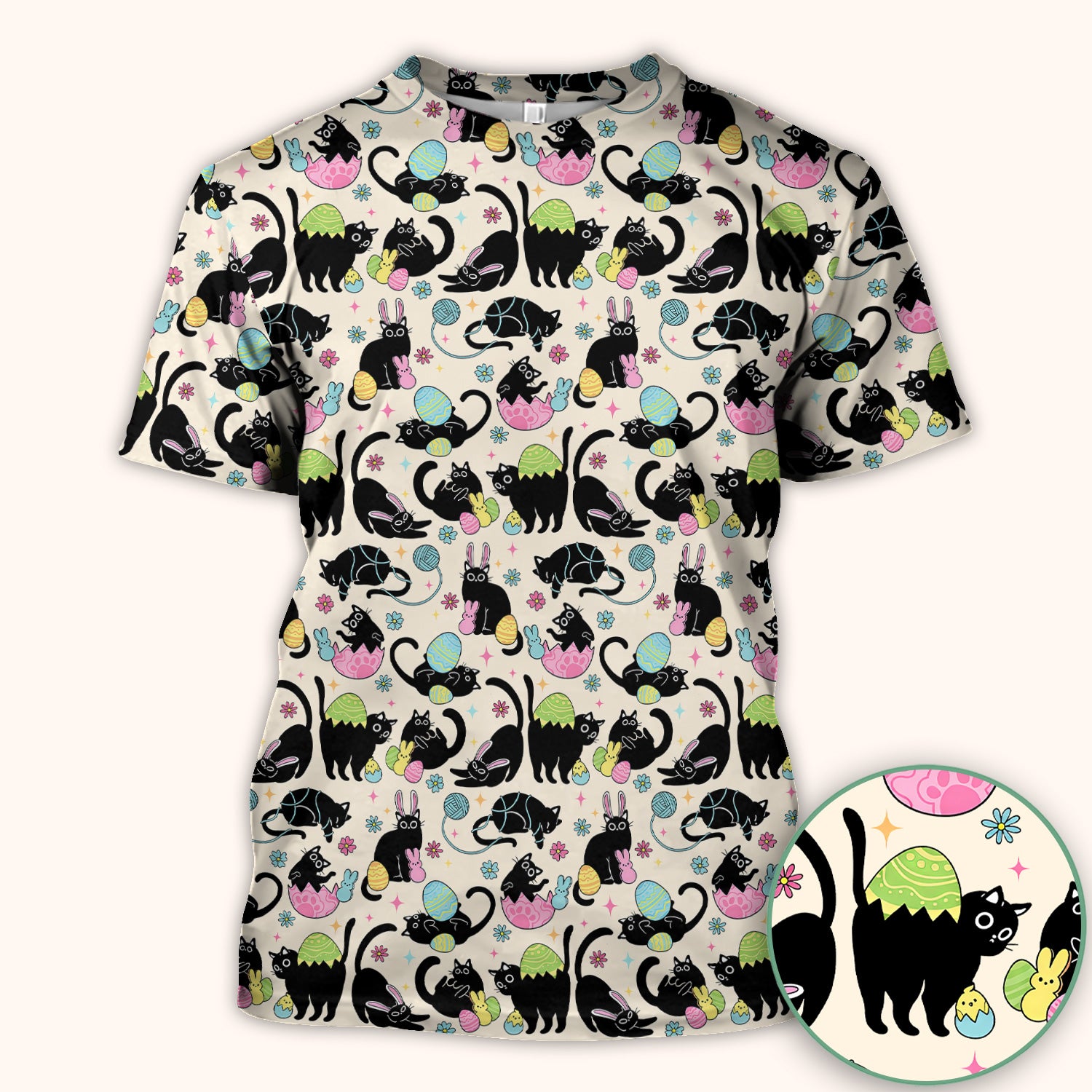 Funny Easter Black Cat Egg Pattern Scrub Top, Breathable Fabrics Nursing Uniform