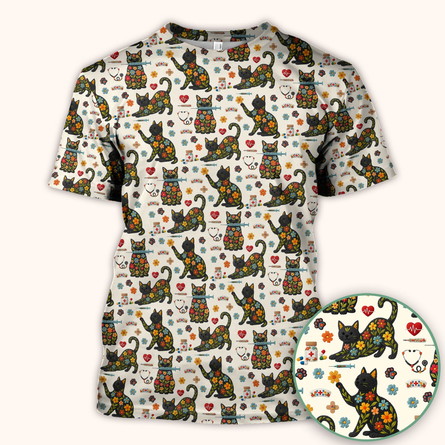 Floral Black Cat Pattern Scrub Top, Cute Cat Nurse Scrub Shirt, Medical Nursing Uniform