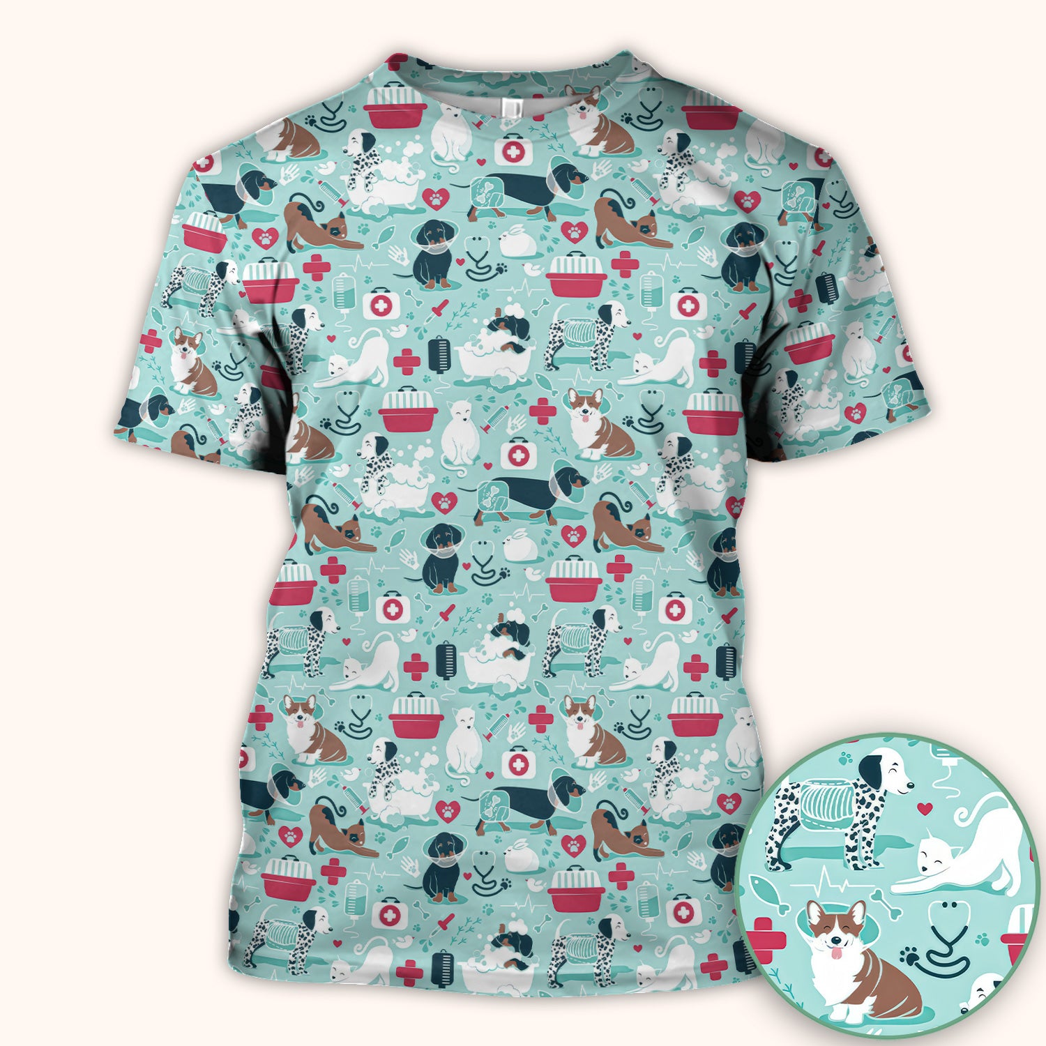 Dogs With Veterinary Tools And Paw Print Scrub Top, Breathable Fabrics Nursing Uniform