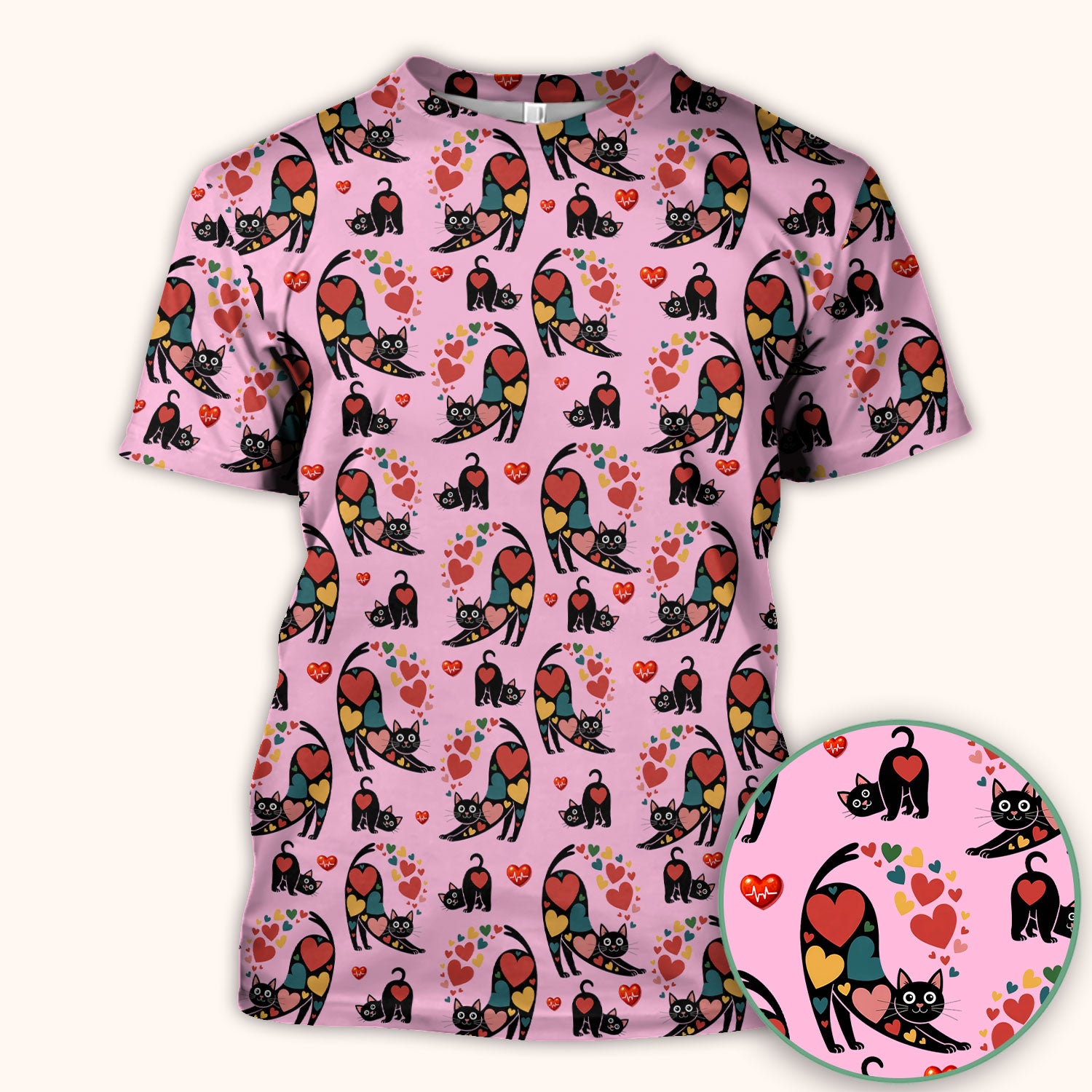 Playful Cat Valentine Heart Print Nurse Scrub Top, Comfortable Scrubs for Nurses