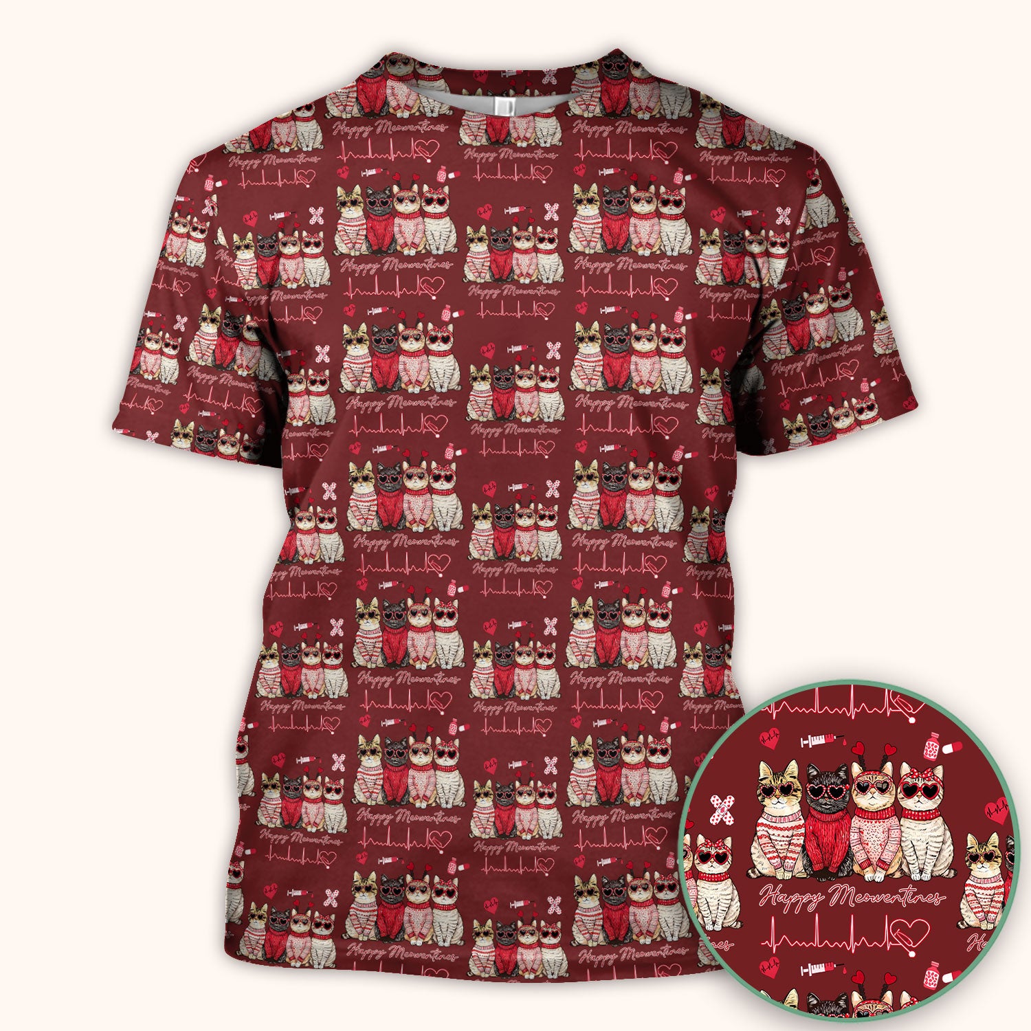 Happy Meowtines Cat Pattern Scrub Top, Valentine Cat Lover Nurse Scrub Shirt, Heartbeat Medical Pattern Nursing Uniform