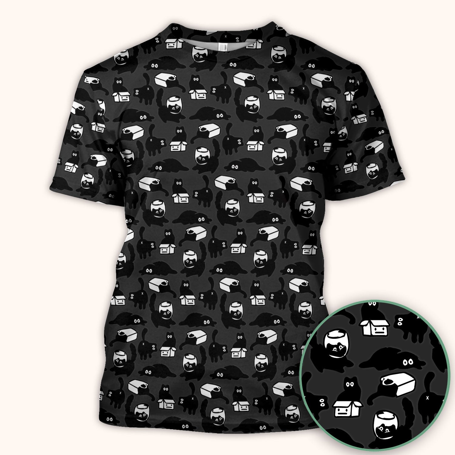 Dark Playful Cat Cartoon Pattern Scrub Top, Comfortable Scrubs for Nurses