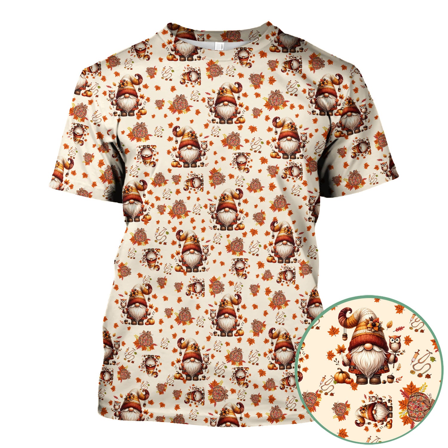 Fall Gnome Nurse Scrub Top for Women - Autumn Leaves Pumpkin Shirts - Thanksgiving Nursing Uniform Gift for RN LPN CNA