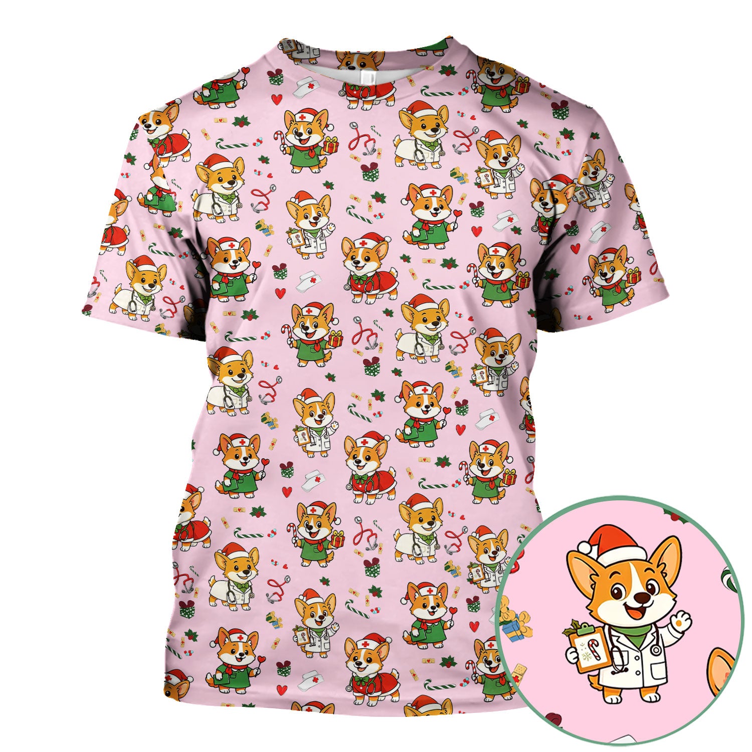 Christmas Corgi Nurse Scrub Top - Cute Dog Holiday Medical Uniform for Women - Funny RN CNA LPN Nursing Shirt Gift