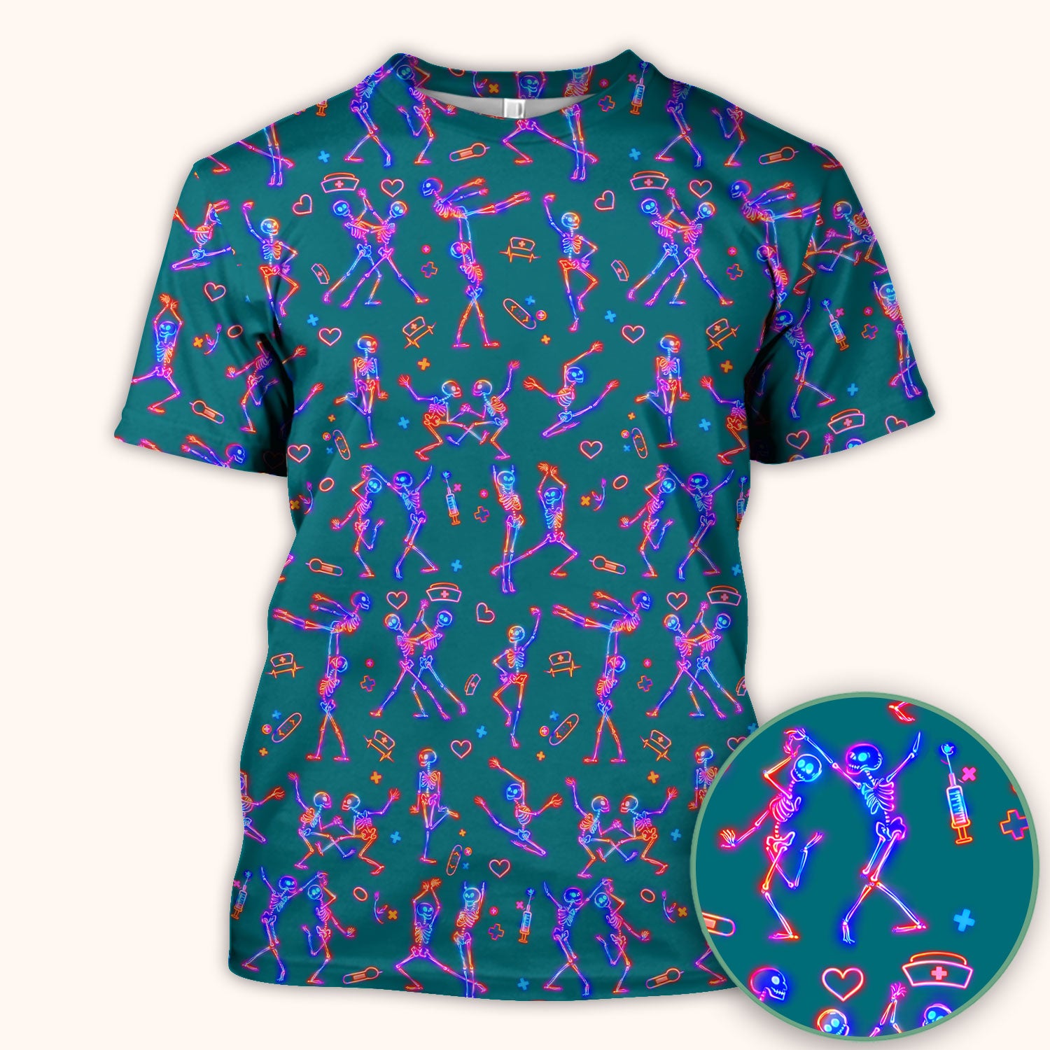 Neon Dancing Skeleton Medical Pattern Scrub Top, Comfortable Scrubs for Nurses