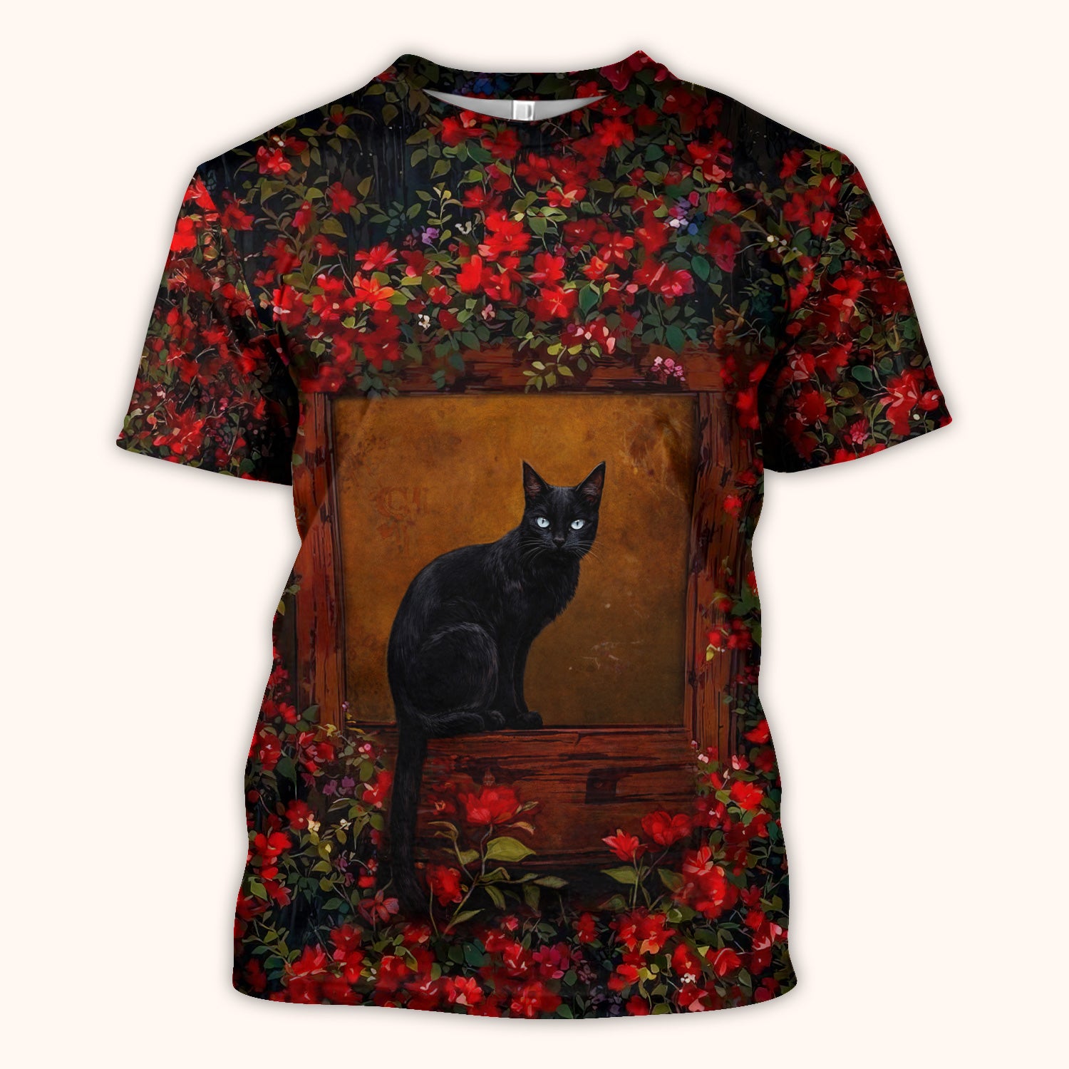 Black Cat Sitting By Red Floral Garden Window Scrub Top, Comfortable Scrubs for Nurses