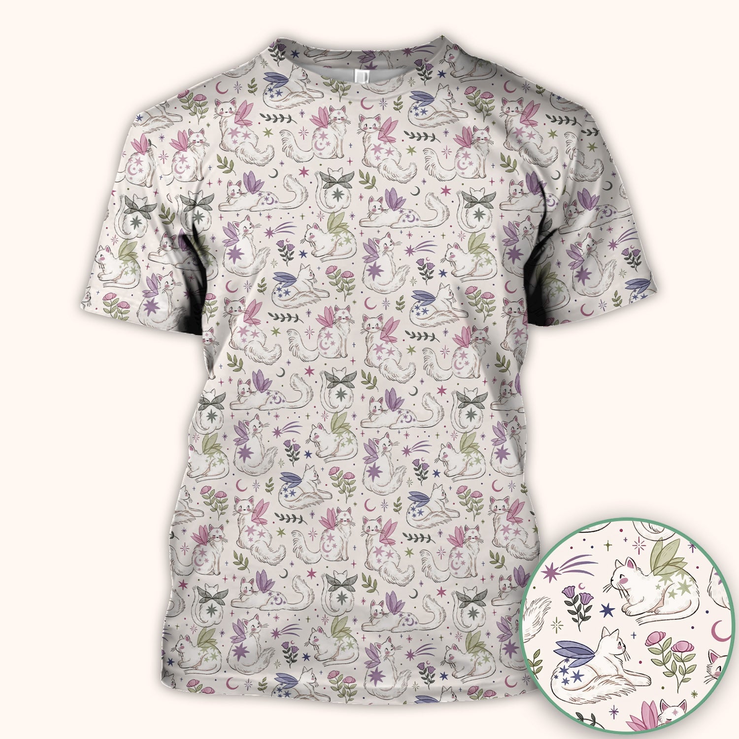 Cute Fairy Cat Moon Star Floral Pattern Scrub Top, Comfortable Scrubs for Nurses