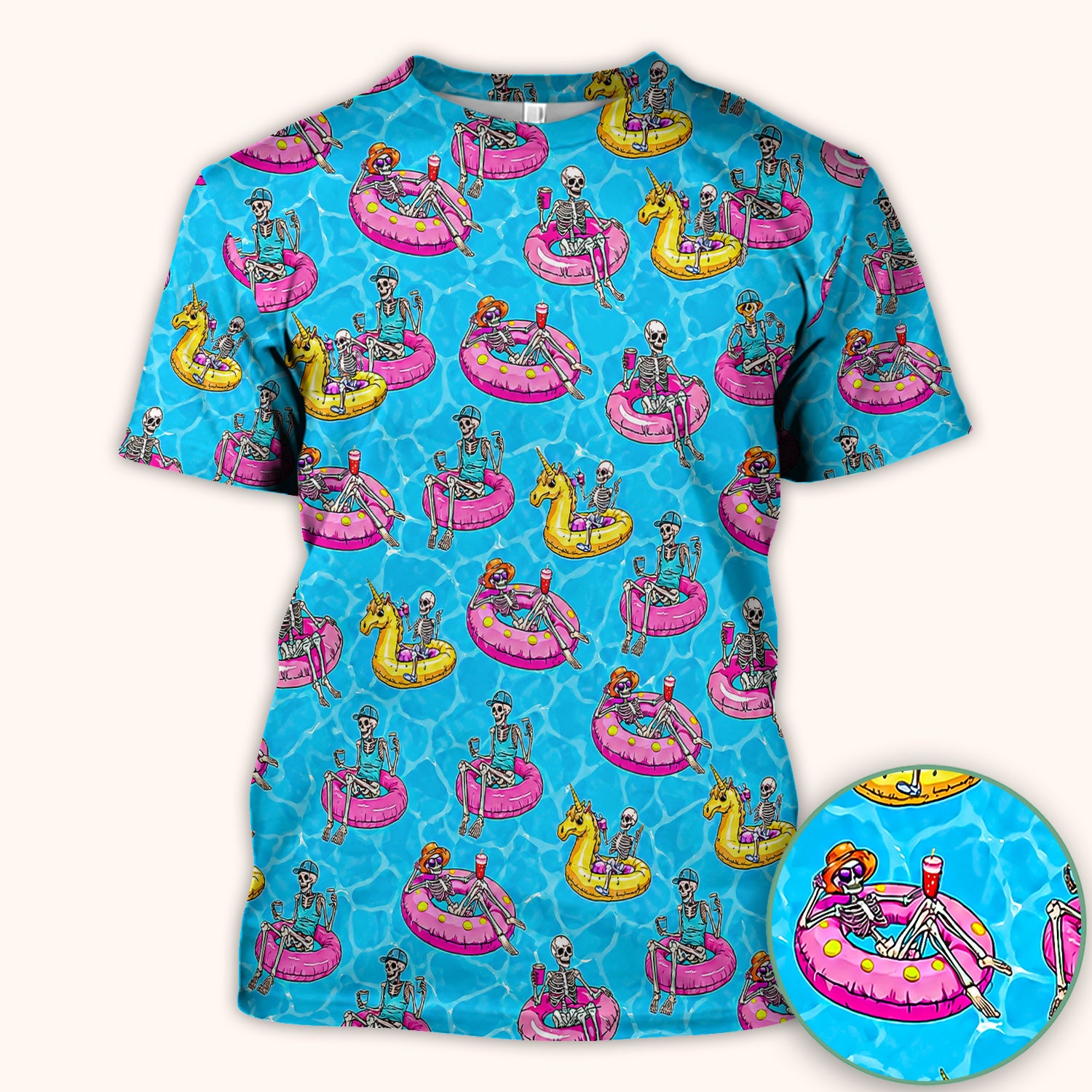Summerween Skeleton with Pool Float Print Scrub Top, Comfortable Scrubs for Nurses