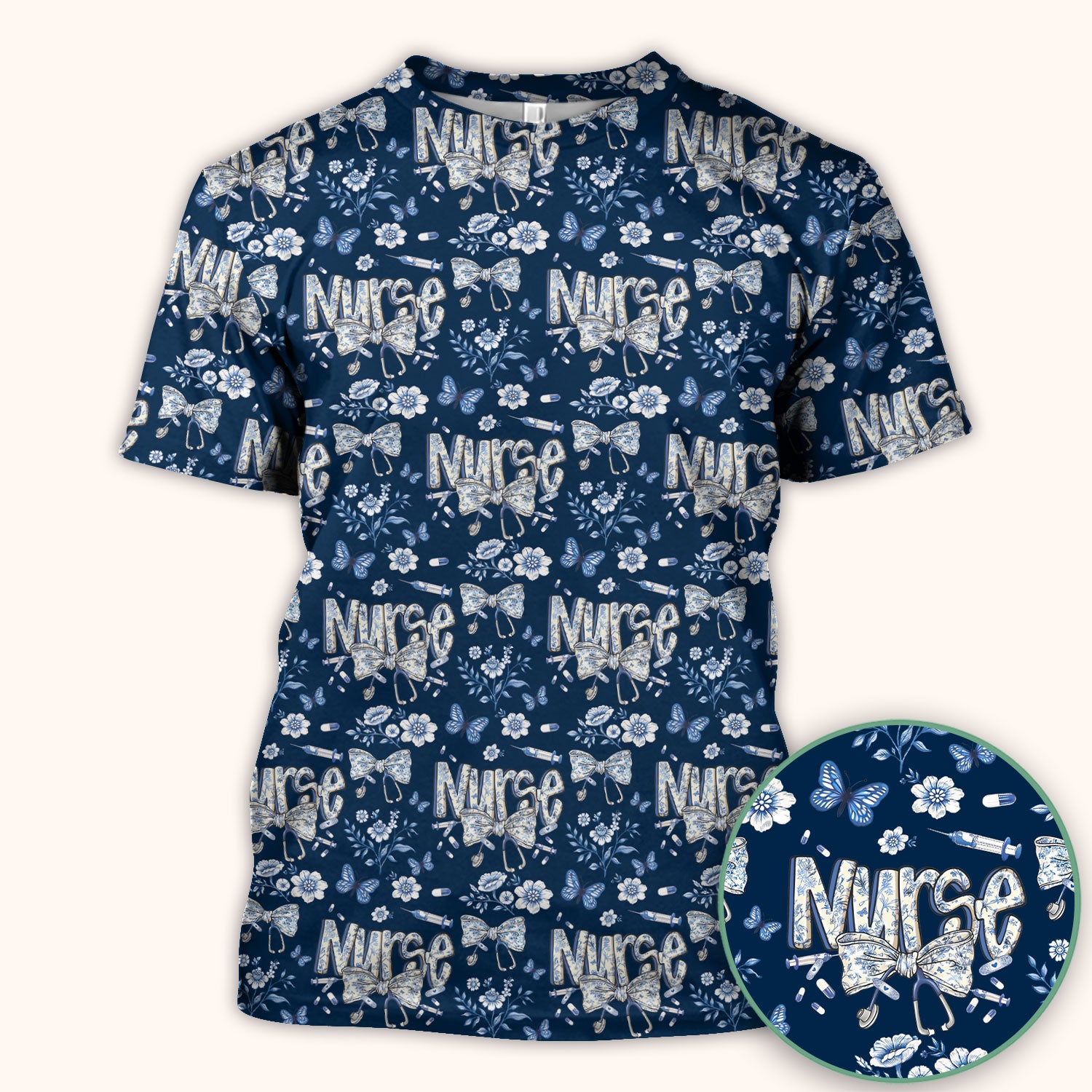 Blue Nurse Letter Bow Butterfly Floral Print Scrub Top, Comfortable Scrubs for Nurses