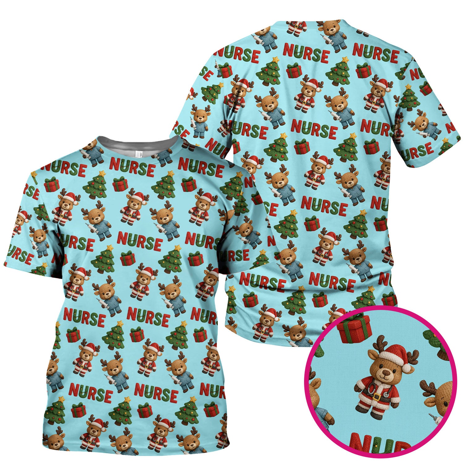 Reindeer Christmas Scrub Top, Cute Holiday Nurse Scrub Shirt, Festive Pattern Nursing Uniform