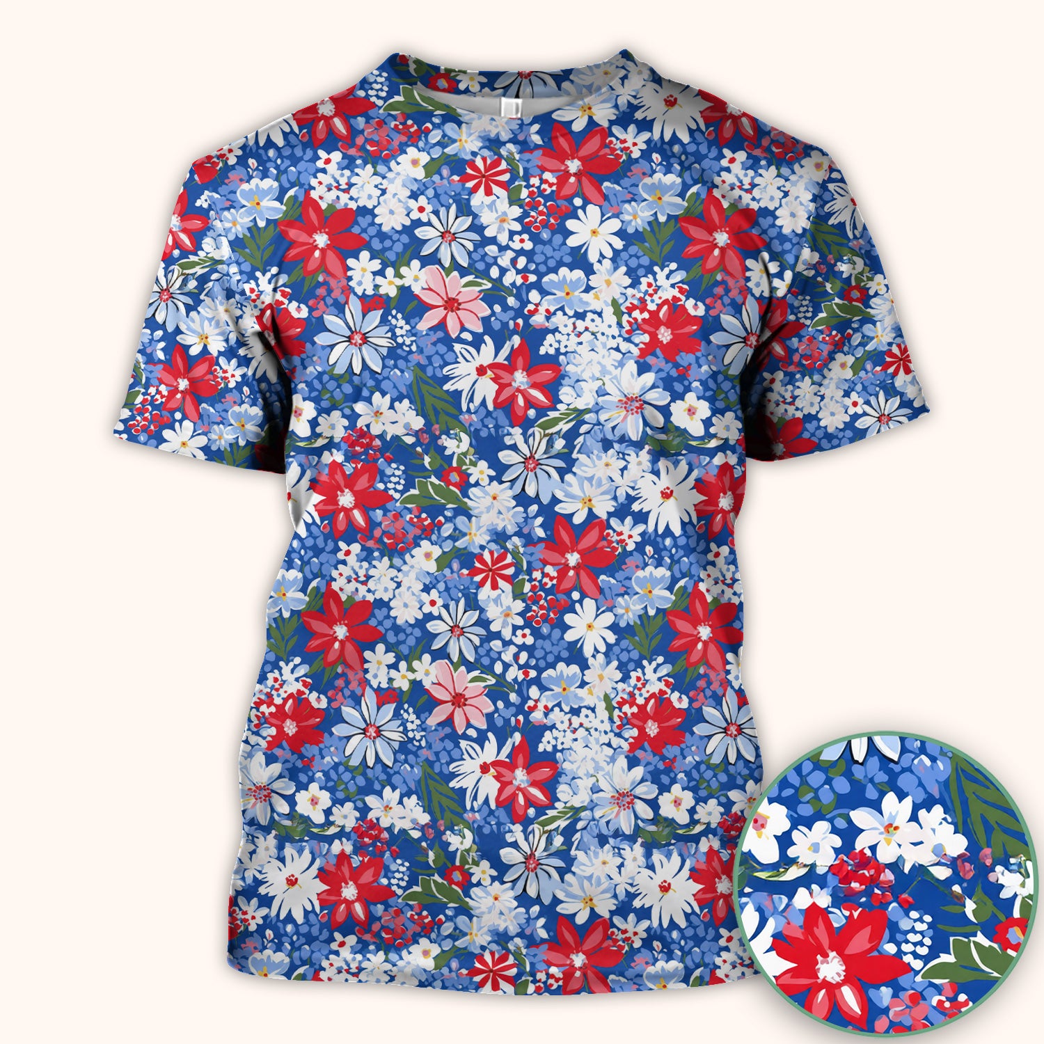 Patriotic Red White Blue Floral Garden Print Scrub Top, Comfortable Scrubs for Nurses