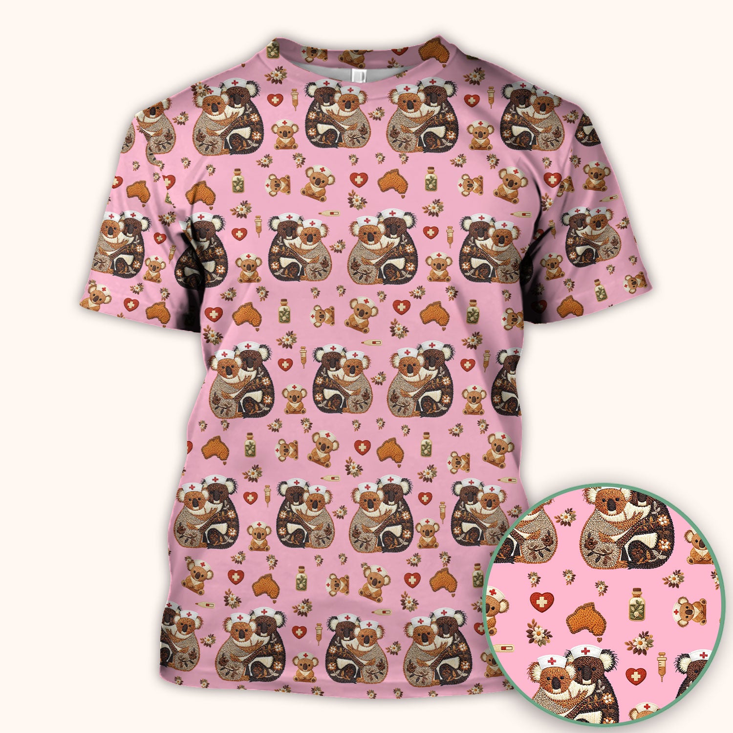 Cute Cartoon Koala Valentine Nurse Design Scrub Top, Breathable Fabrics Nursing Uniform