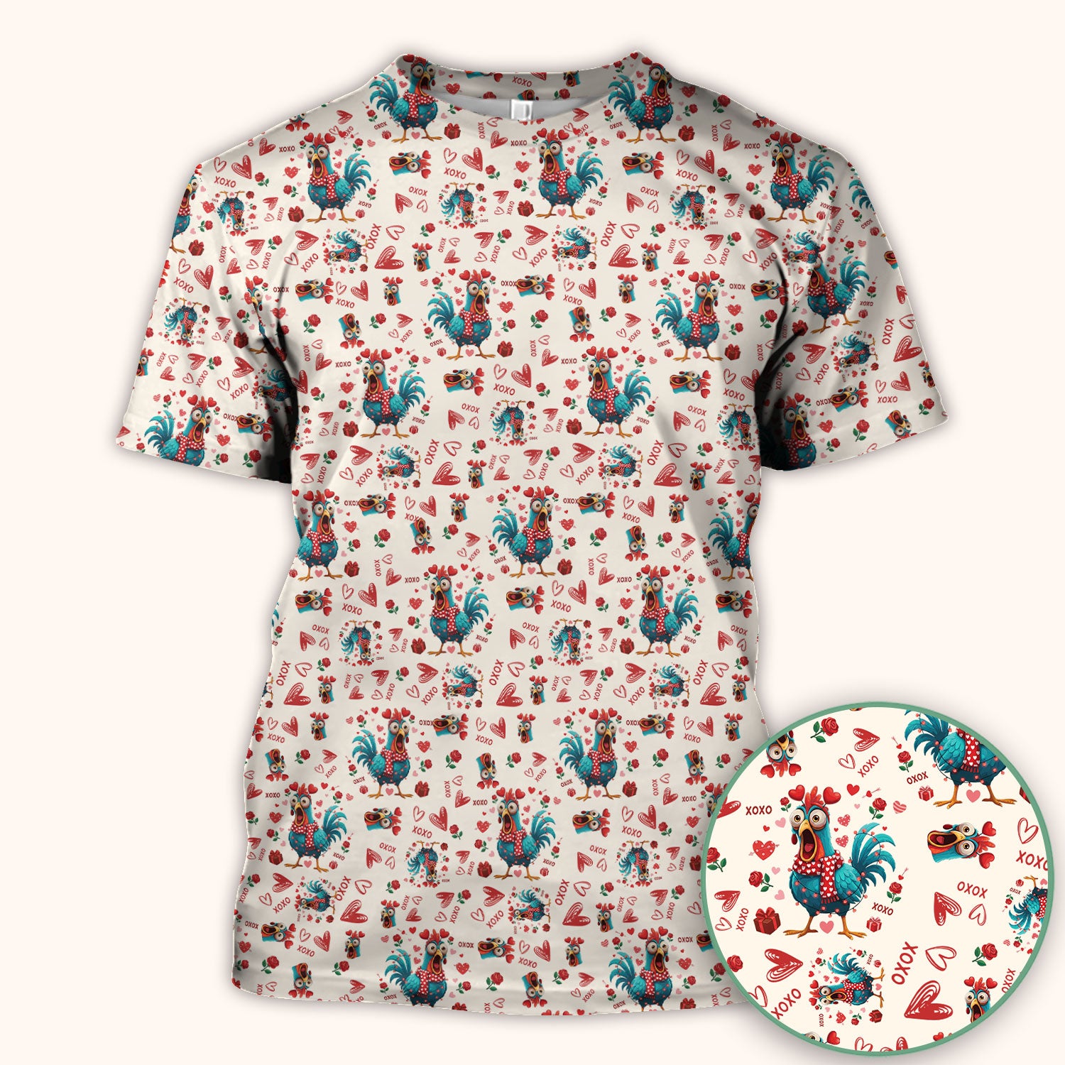 Funny Rooster Valentine Scrub Top, Cute Chicken XOXO Heart Pattern Nurse Shirt, Breathable Fabrics Nursing Uniform