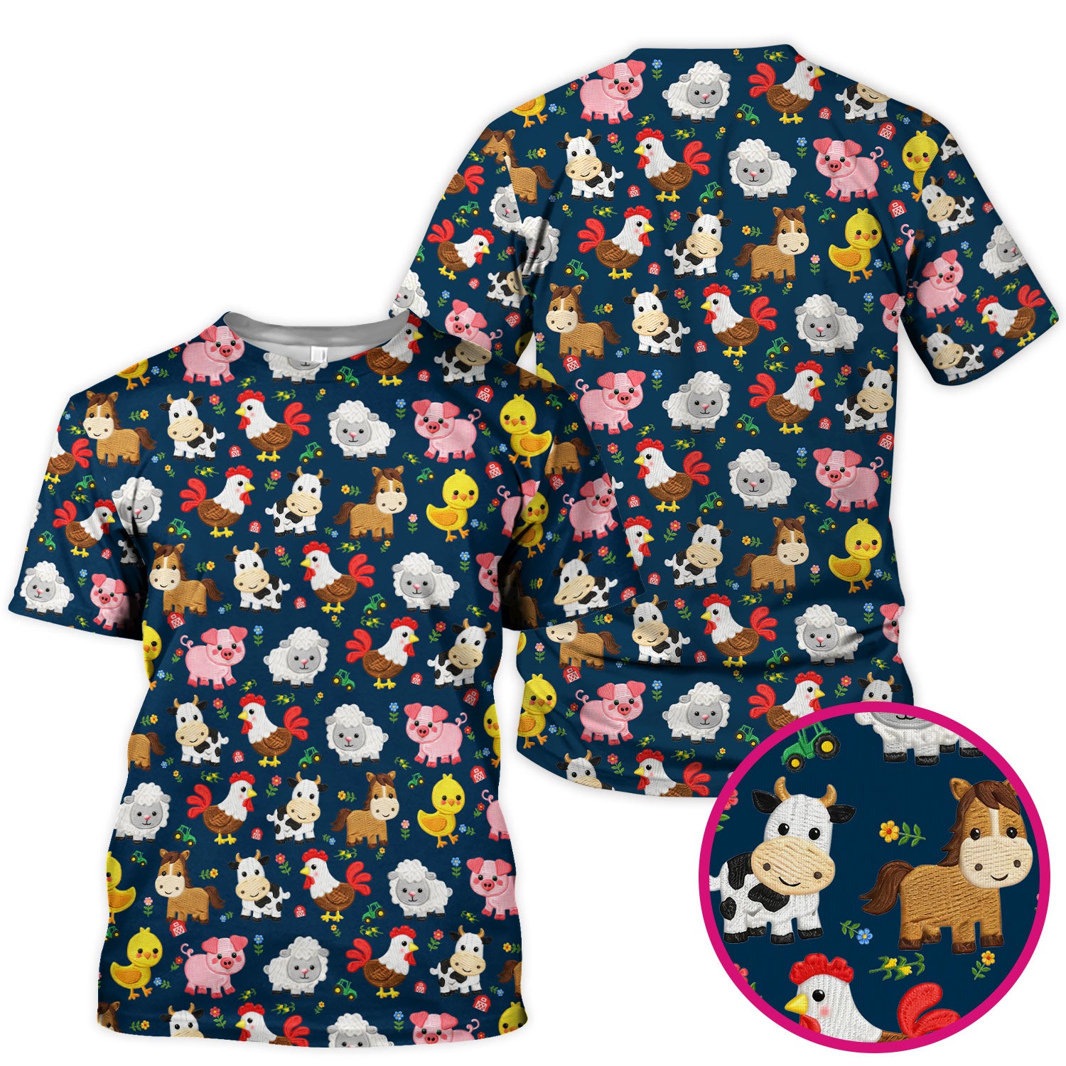 Cartoon Farm Animal Pattern Scrub Top, Breathable Fabrics Nursing Uniform
