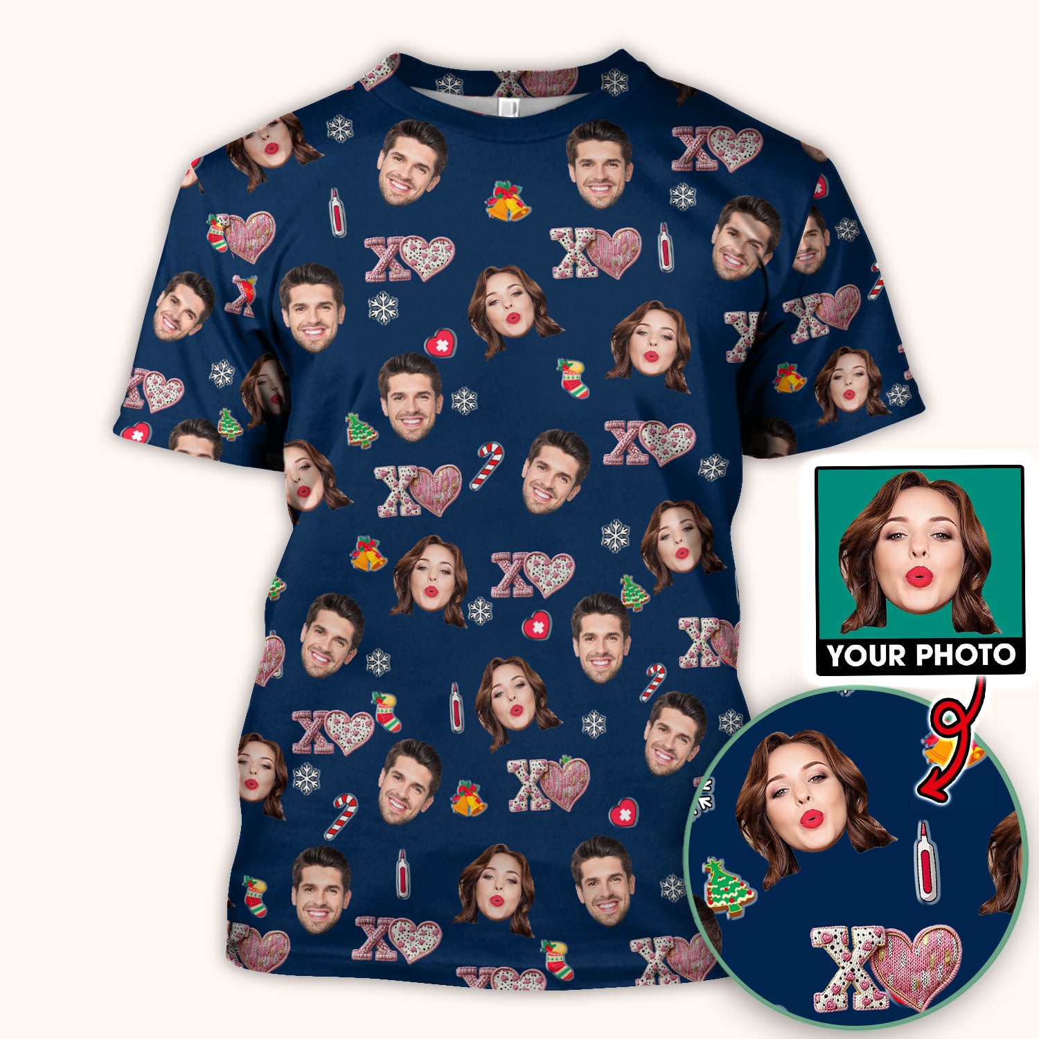 Custom Face Pattern XOXO Scrub Shirt, Personalized Photo Scrub Top, Breathable Fabrics Nursing Uniform