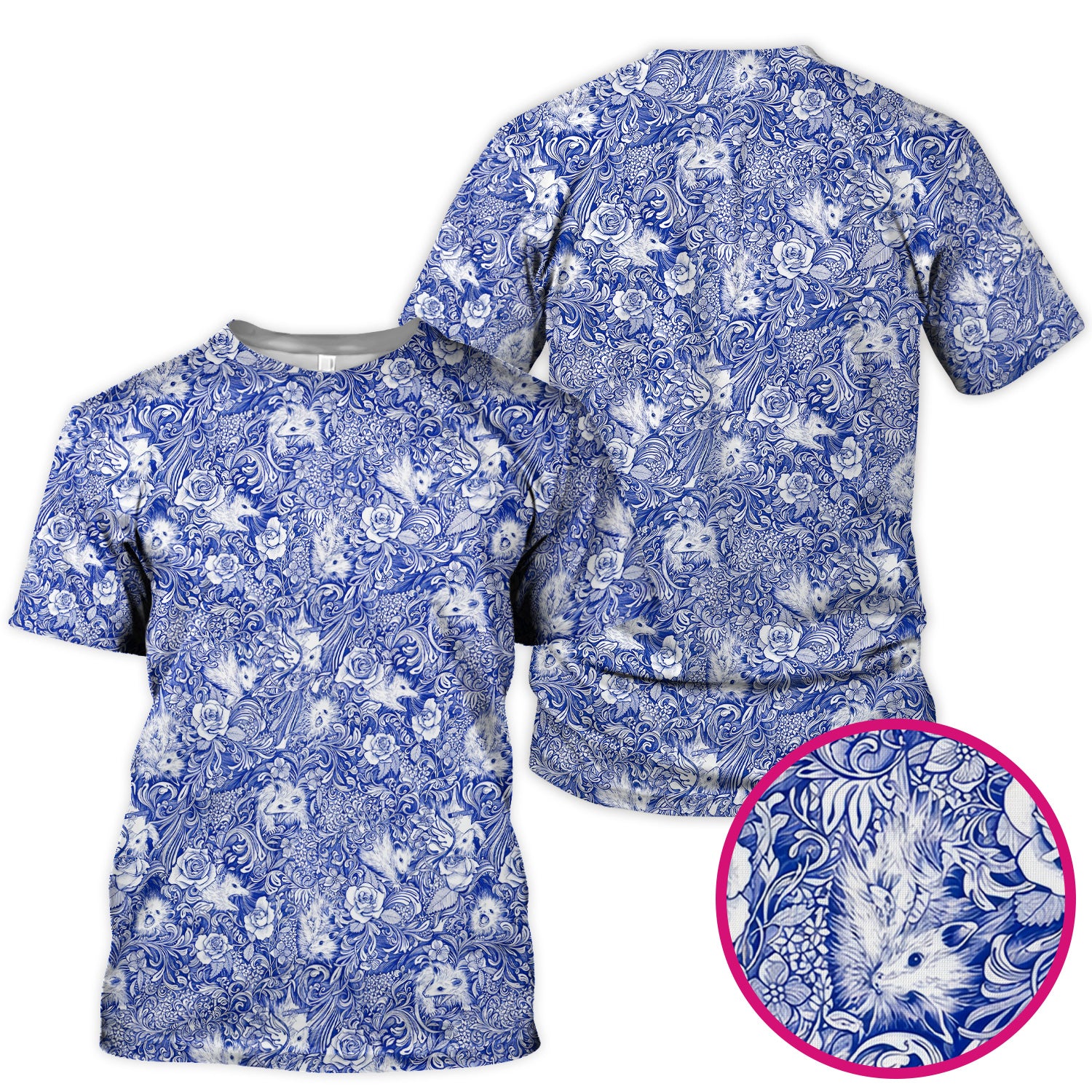Blue Toile Opossum Floral Pattern Scrub Top, Comfortable Scrubs for Nurses