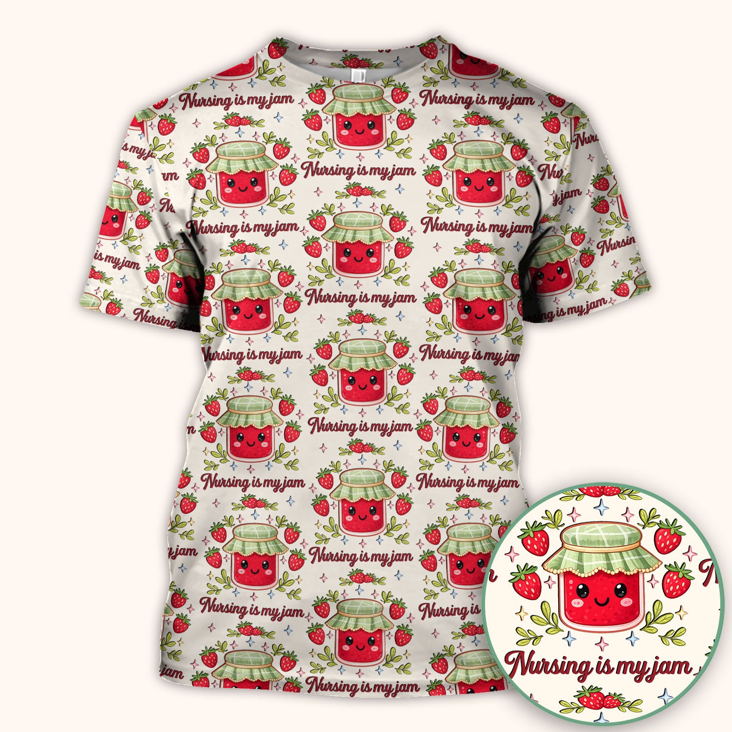 Cute Strawberry Jam Nurse Pattern Scrub Top, Breathable Fabrics Nursing Uniform