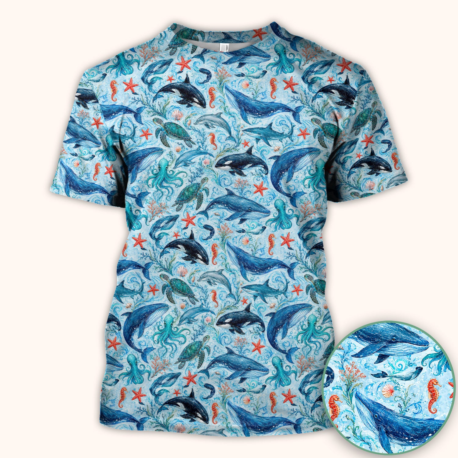 Watercolor Ocean Wildlife Scene Pattern Scrub Top, Comfortable Scrubs for Nurses