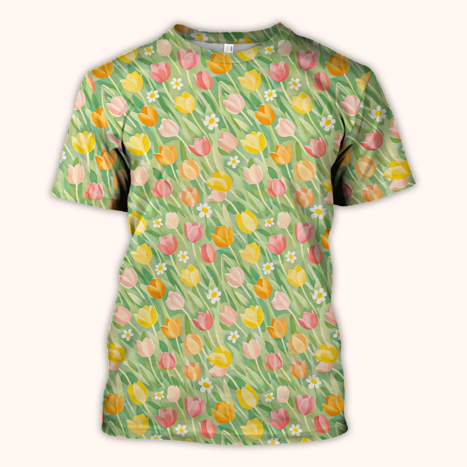 Cheerful Tulip Meadow Print Scrub Top, Breathable Fabrics Nursing Uniform