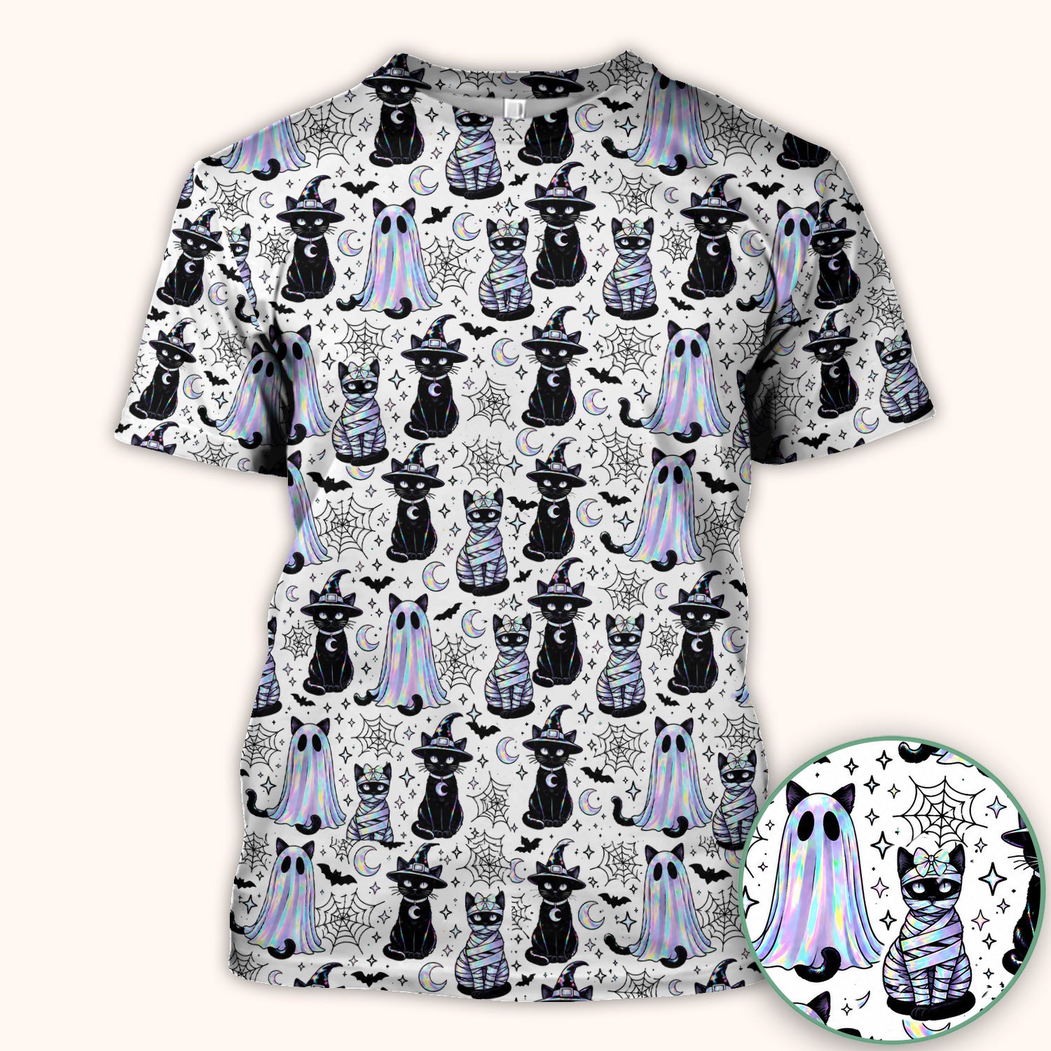 Ghost Witch Cat Pattern Scrub Top, Comfortable Scrubs for Nurses