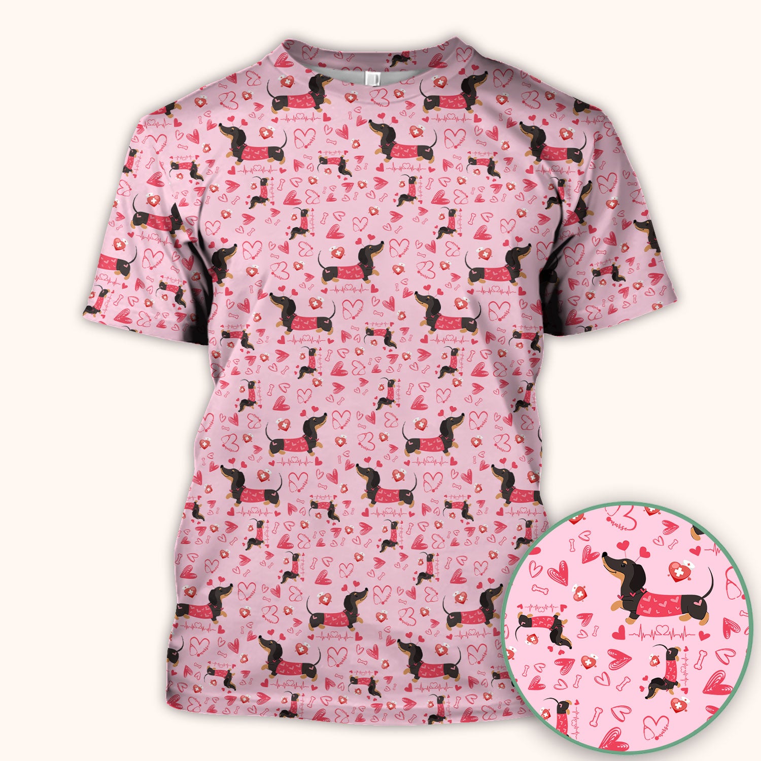Dachshund Valentine Scrub Top, Cute Wiener Dog Heart Pattern Nurse Shirt, Breathable Fabrics Nursing Uniform