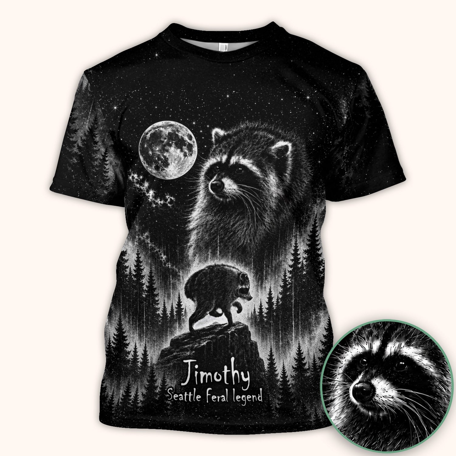 Moonlit Raccoon Forest Print Scrub Top, Comfortable Scrubs for Nurses